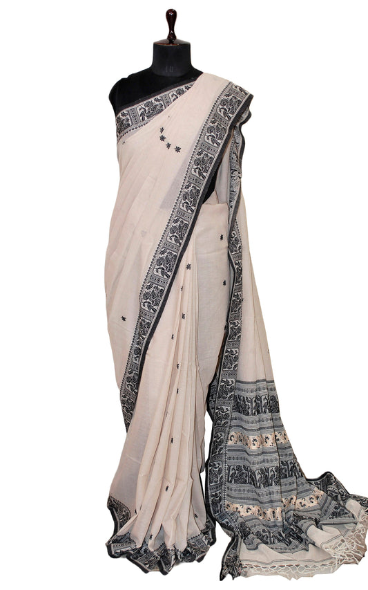 Traditional Baluchuri Work Soft Cotton Khaddar Saree in Water Chestnut and Black