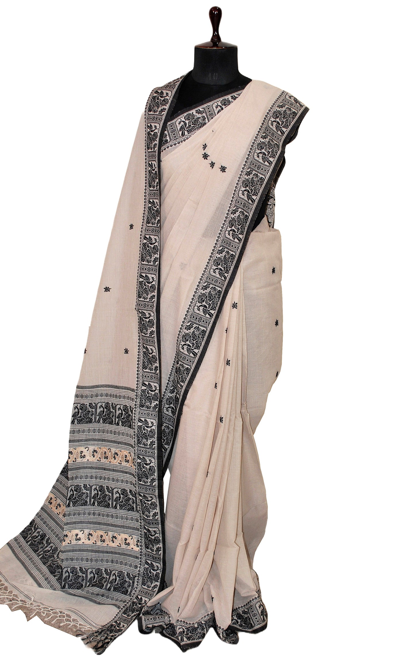 Traditional Baluchuri Work Soft Cotton Khaddar Saree in Water Chestnut and Black