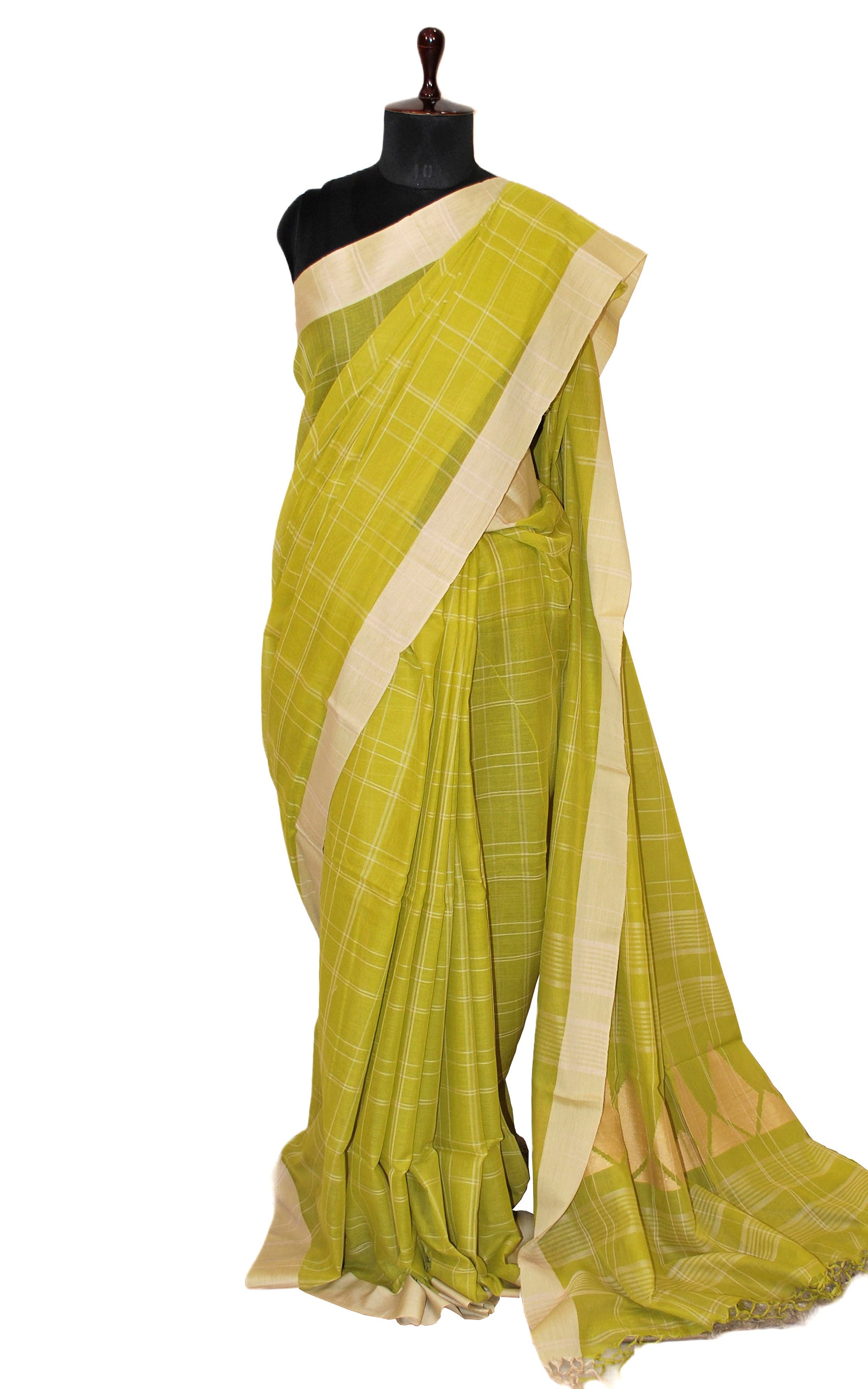 Soft Cotton Jamdani Saree in Light Olive Green and Khaki