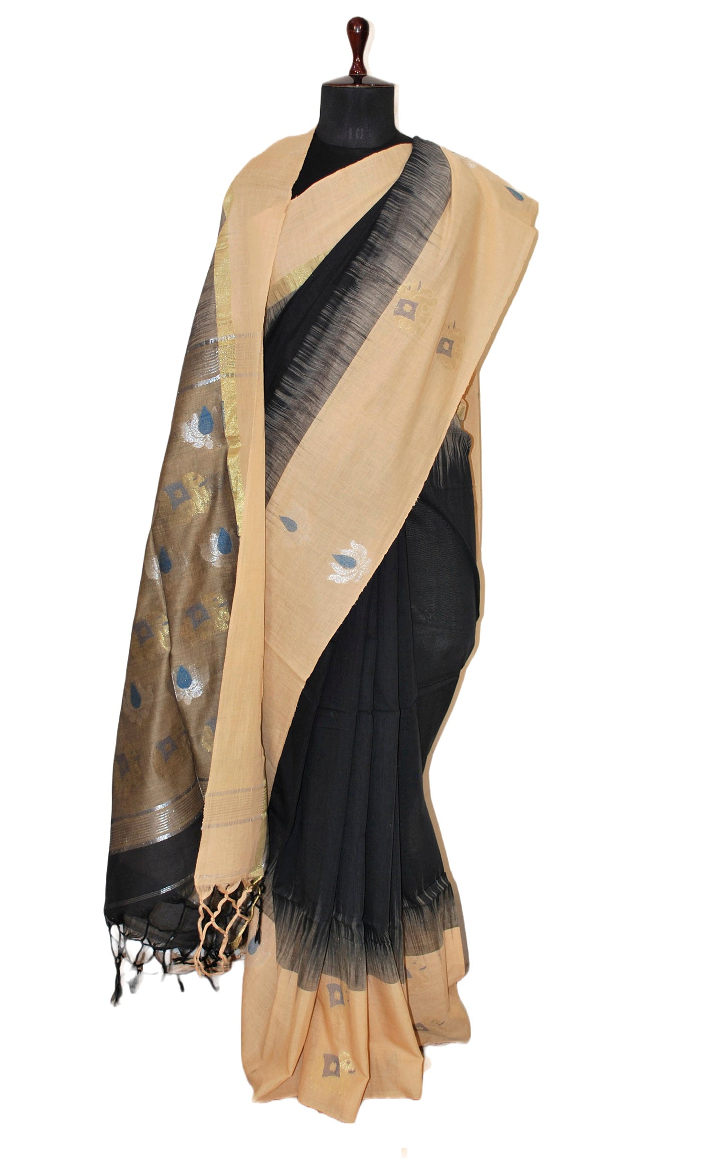 Woven Nakshi Mahapar Soft Cotton Saree in Black and Beige