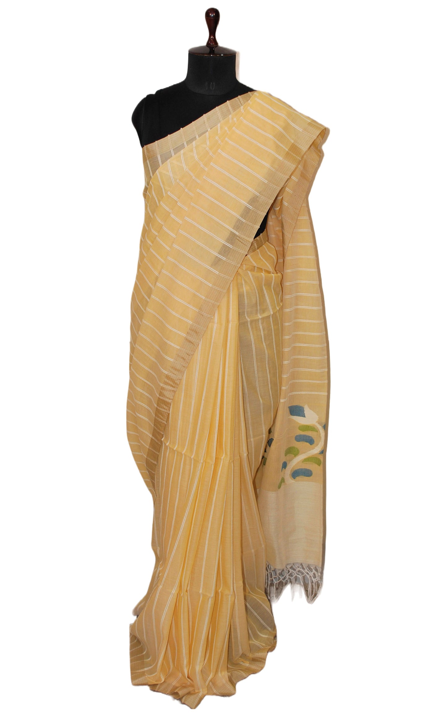 Woven Khes Work Authentic Khaddar Cotton Jamdani Saree in Champagne Yellow and Off White with Tussar Silk Selvage