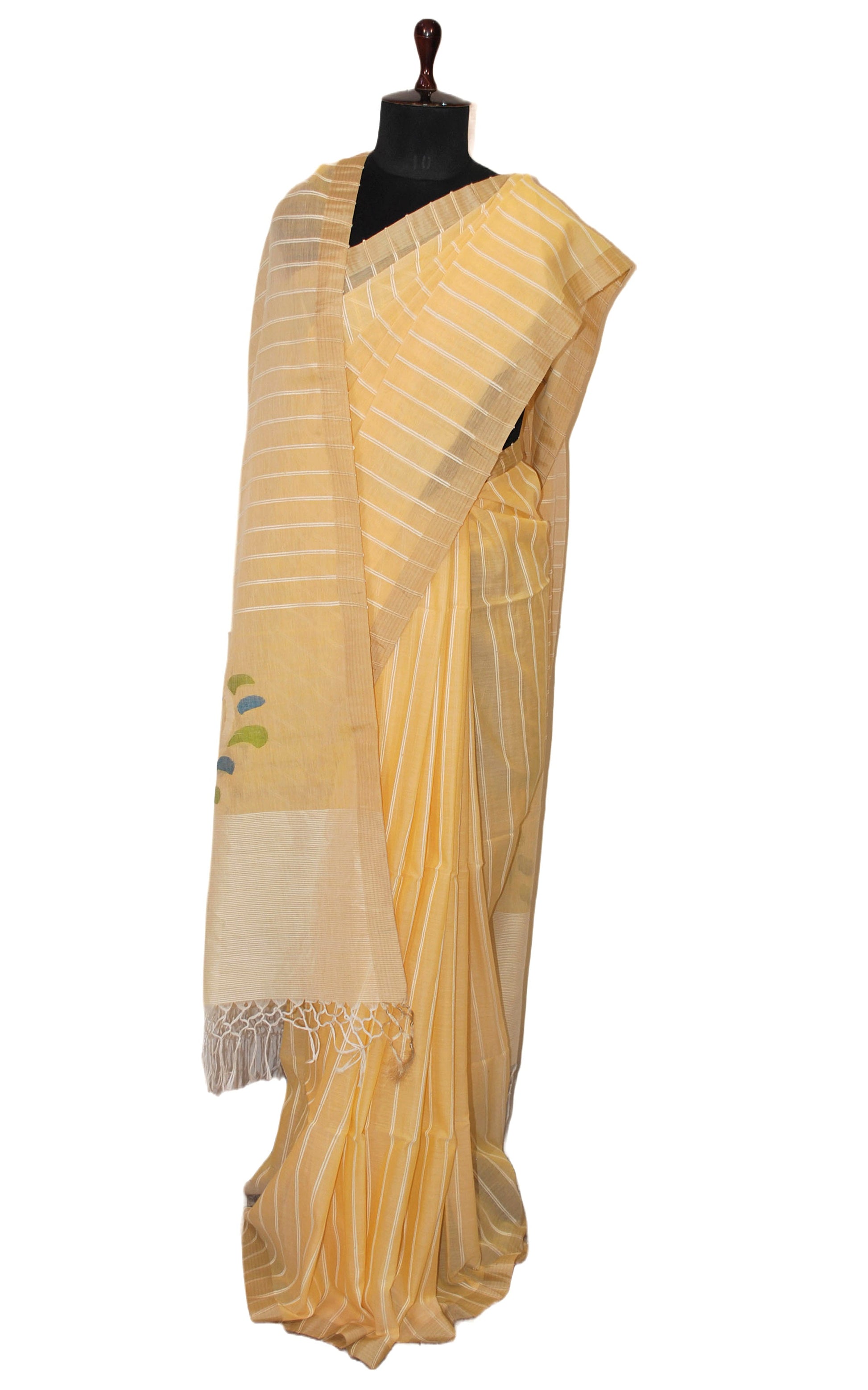 Woven Khes Work Authentic Khaddar Cotton Jamdani Saree in Champagne Yellow and Off White with Tussar Silk Selvage