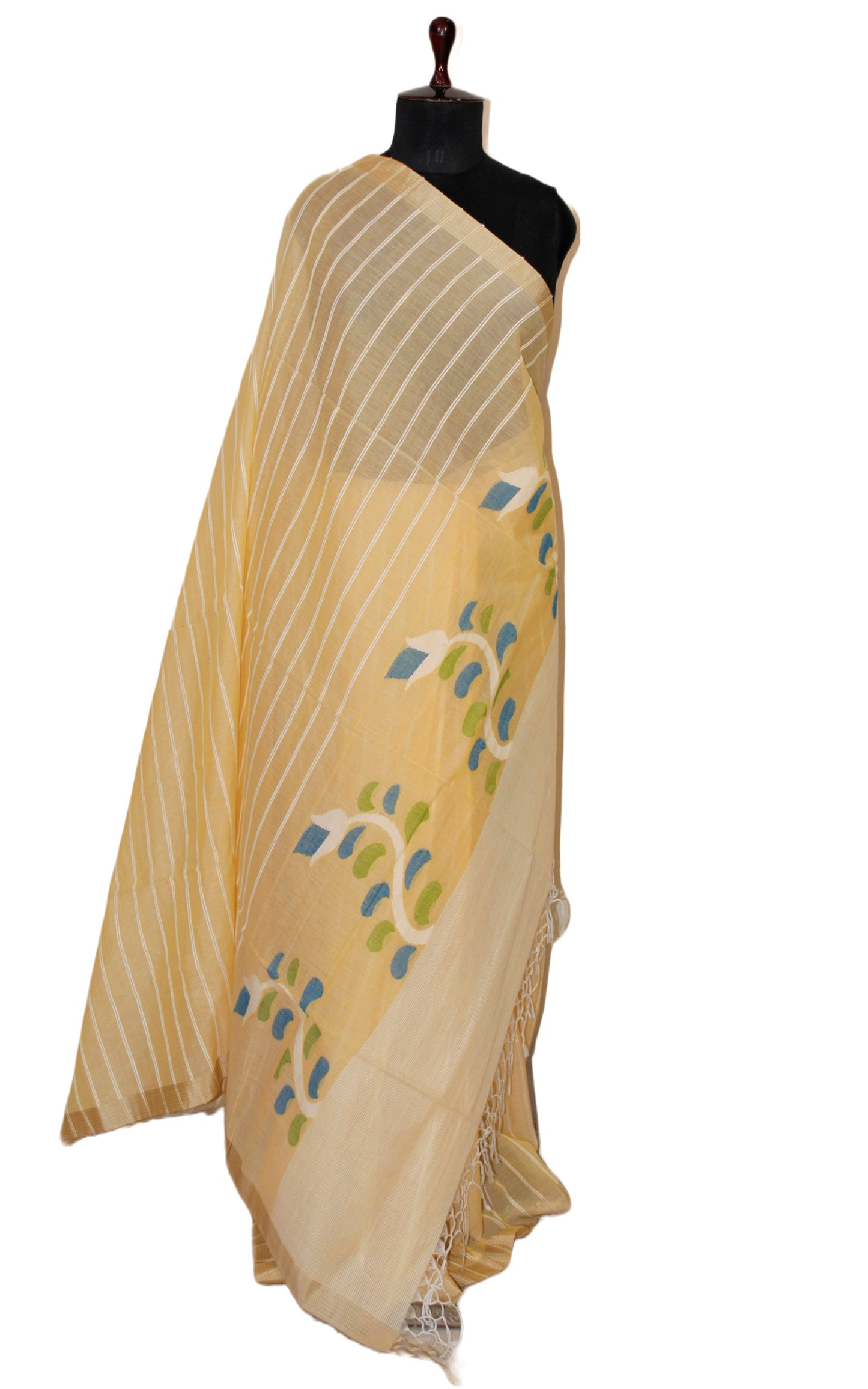 Woven Khes Work Authentic Khaddar Cotton Jamdani Saree in Champagne Yellow and Off White with Tussar Silk Selvage