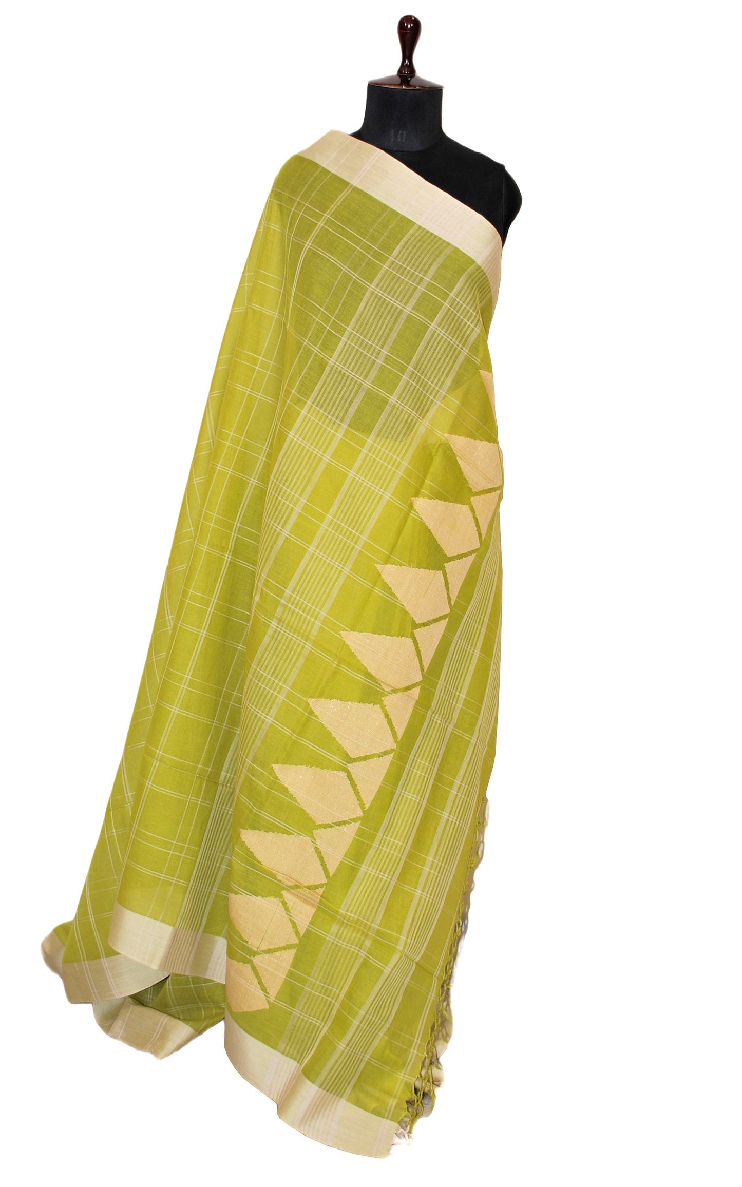 Soft Cotton Jamdani Saree in Light Olive Green and Khaki