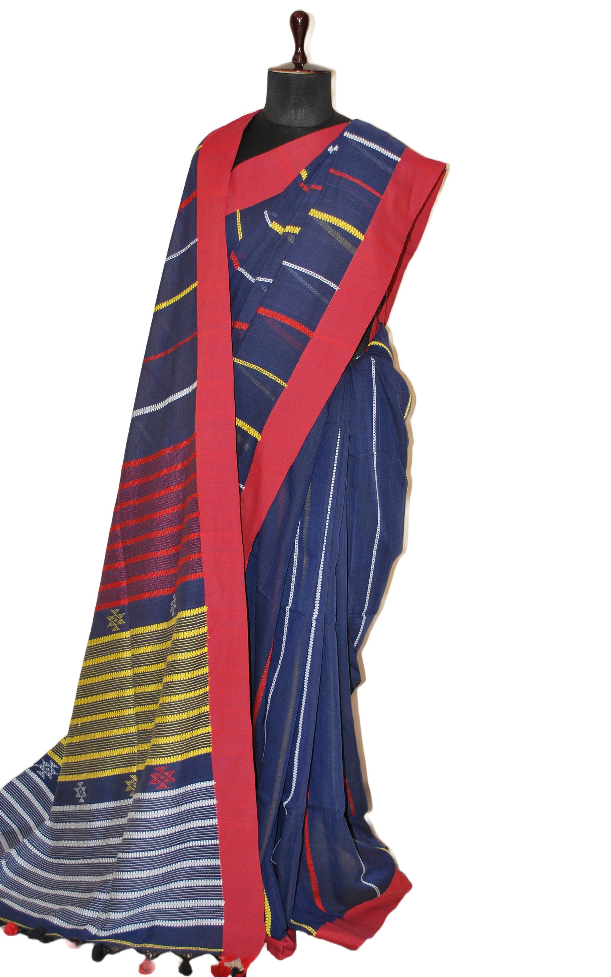 Pure Cotton Kalakshetra Saree in Dark Denim Blue, Red, Yellow and White