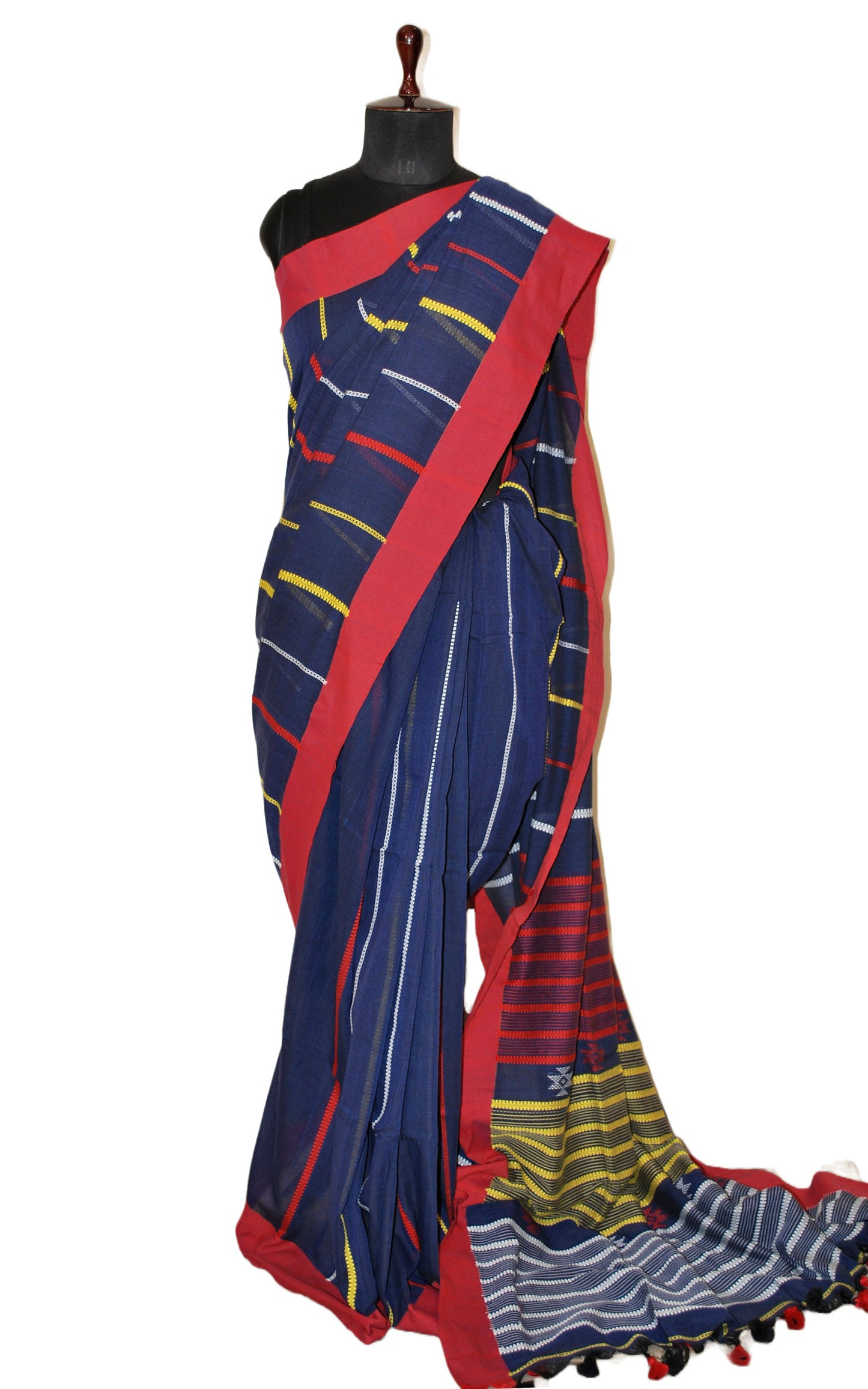 Pure Cotton Kalakshetra Saree in Dark Denim Blue, Red, Yellow and White