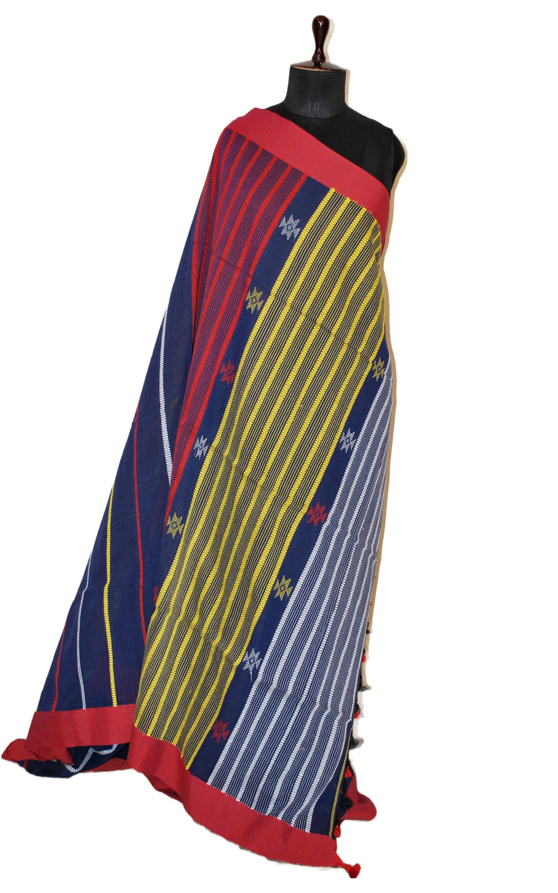 Pure Cotton Kalakshetra Saree in Dark Denim Blue, Red, Yellow and White