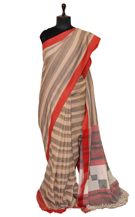 Self Woven Stripes Soft Cotton Jamdani Saree in Khaki, Red and Black