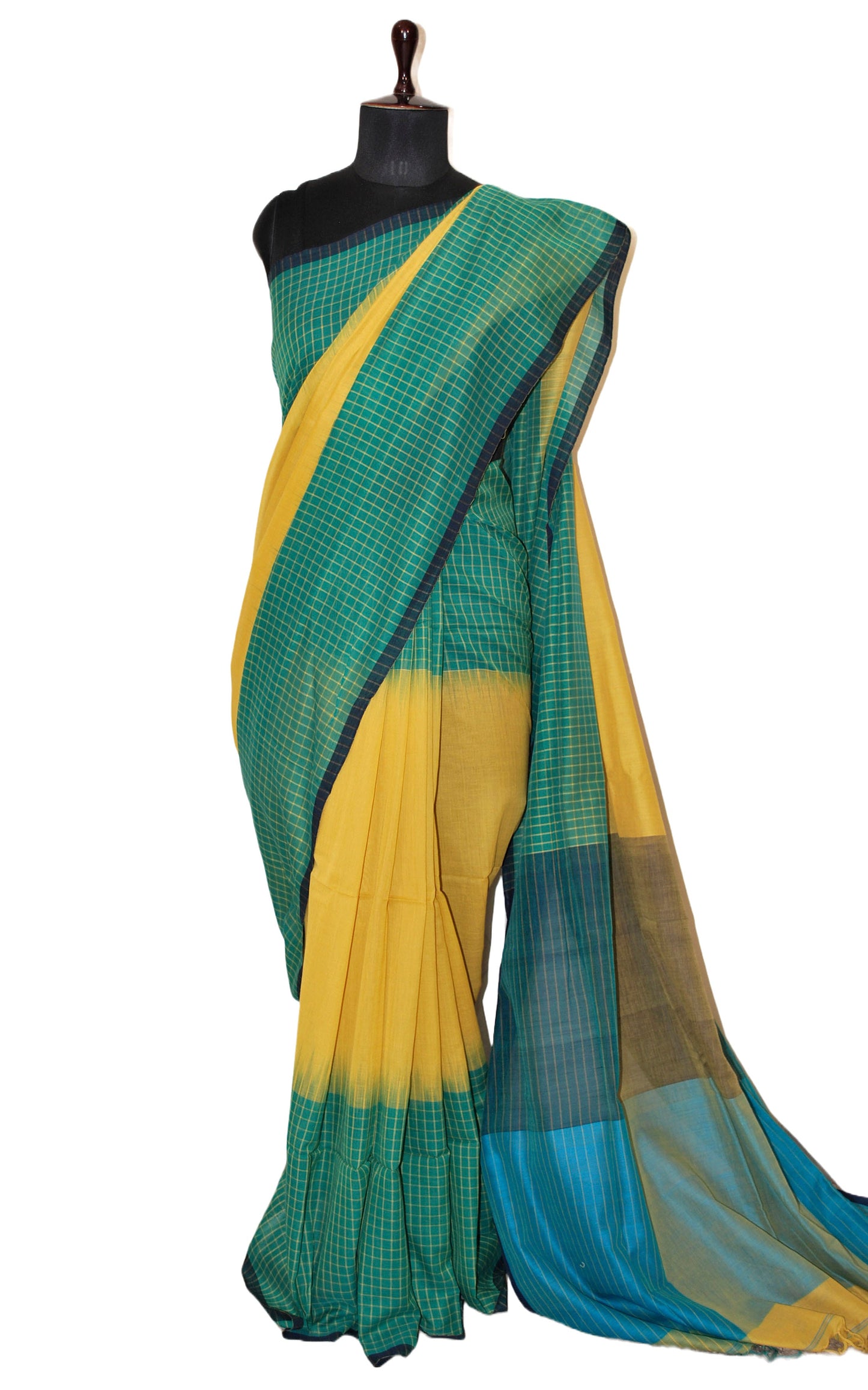 Handwoven Soft Cotton Checks Saree in Pineapple Yellow and Shamrock Green