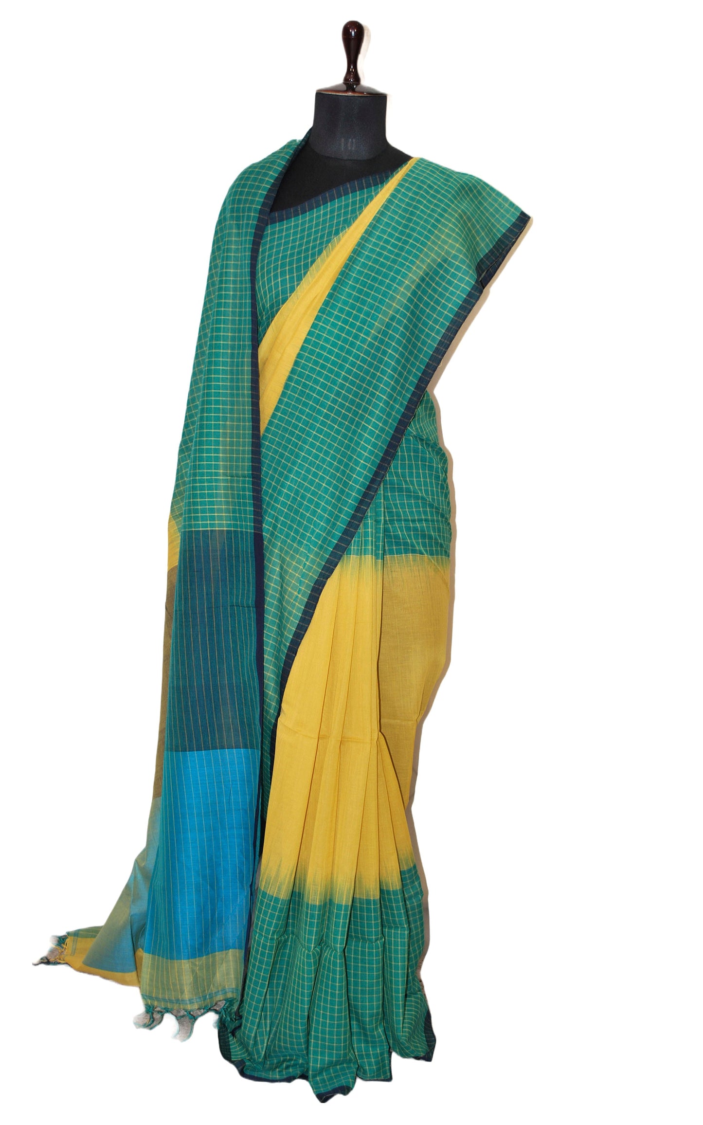 Handwoven Soft Cotton Checks Saree in Pineapple Yellow and Shamrock Green