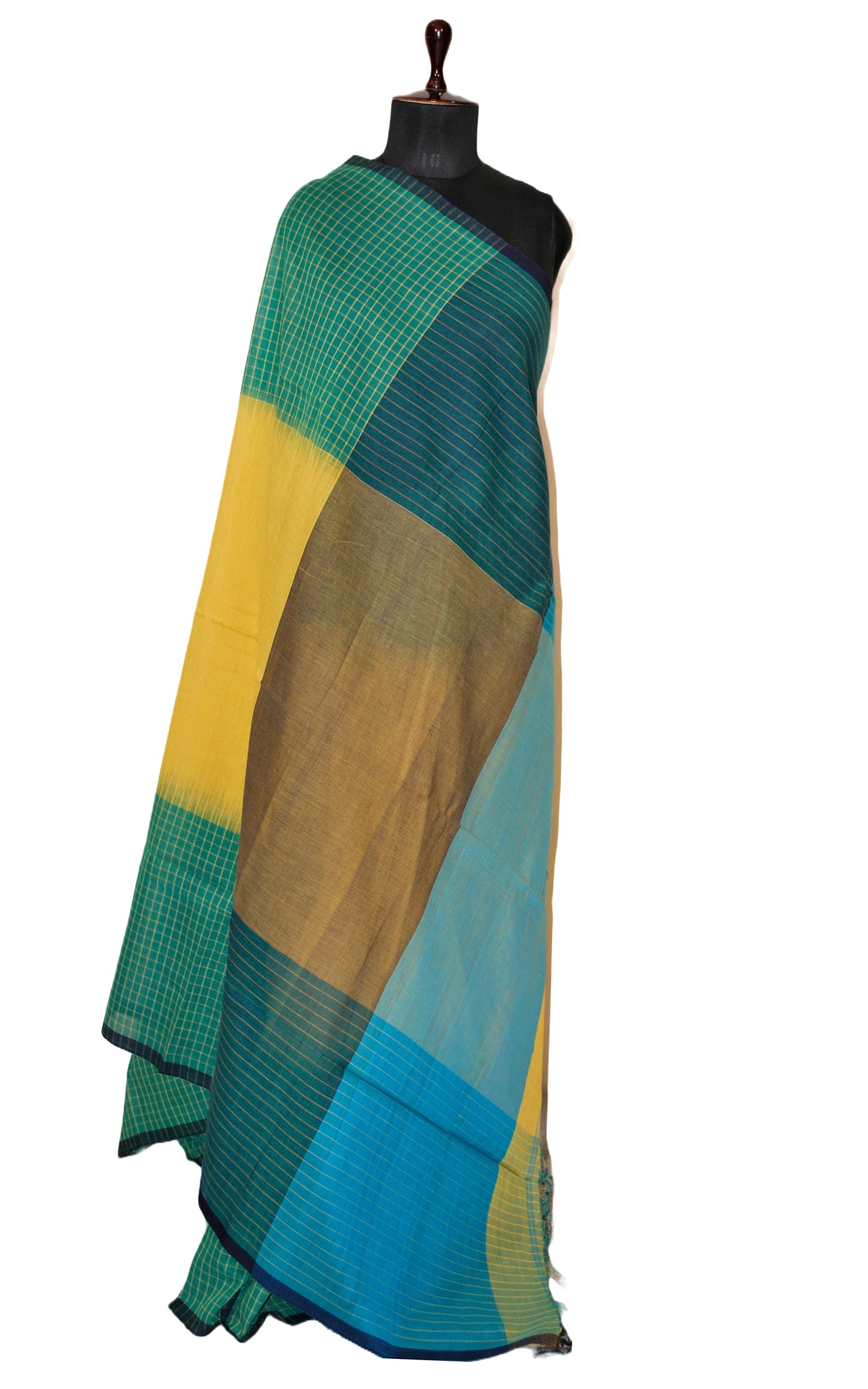 Handwoven Soft Cotton Checks Saree in Pineapple Yellow and Shamrock Green