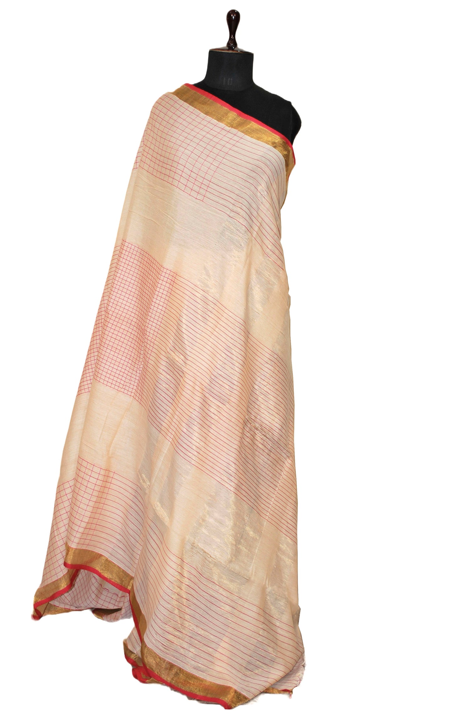 Handwoven Premium Soft Cotton Tissue Saree in Parmesan, Red and Gold