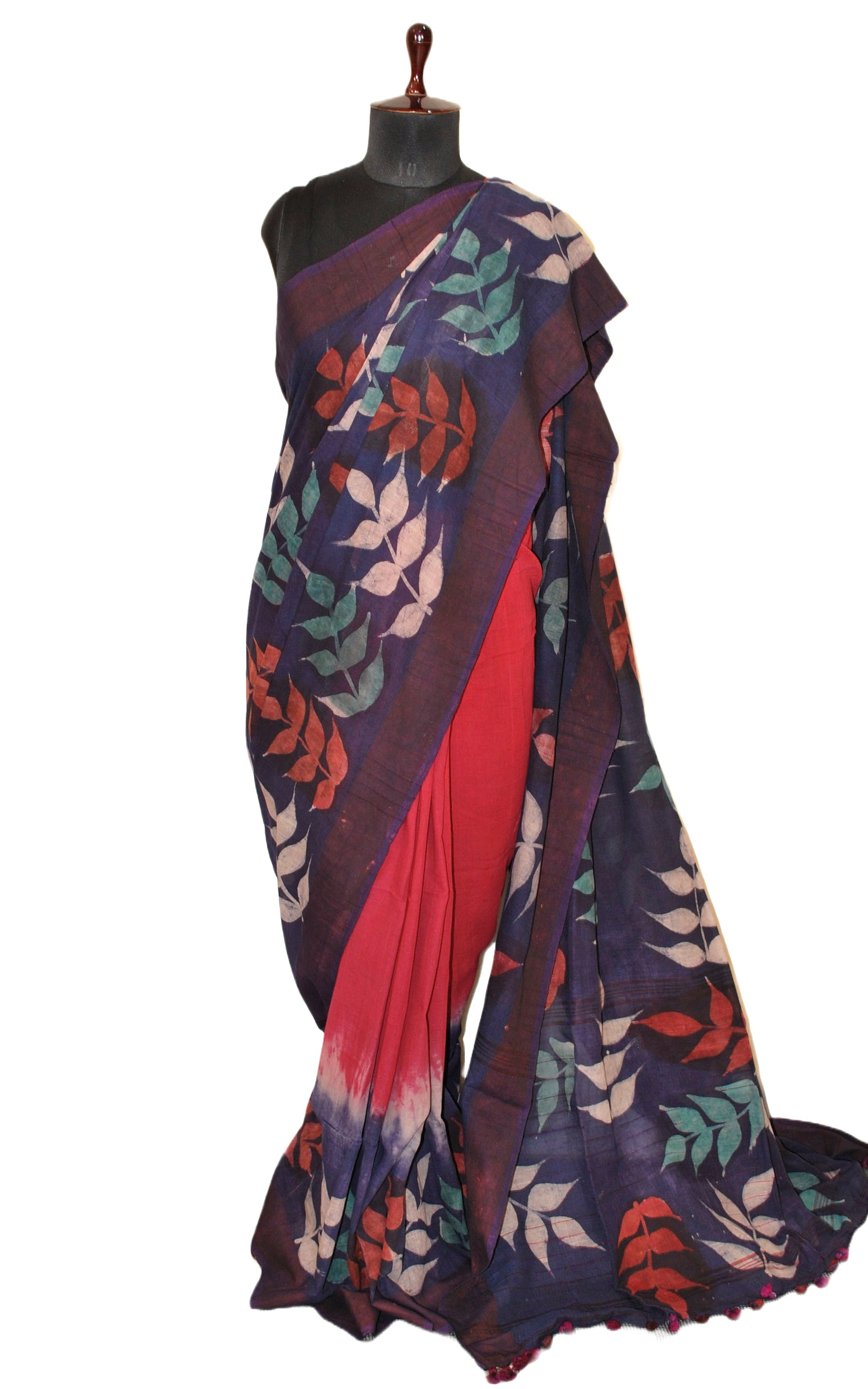 Hand Batik Soft Cotton Khaddar Saree in Red, Dark Brown and Multicolored