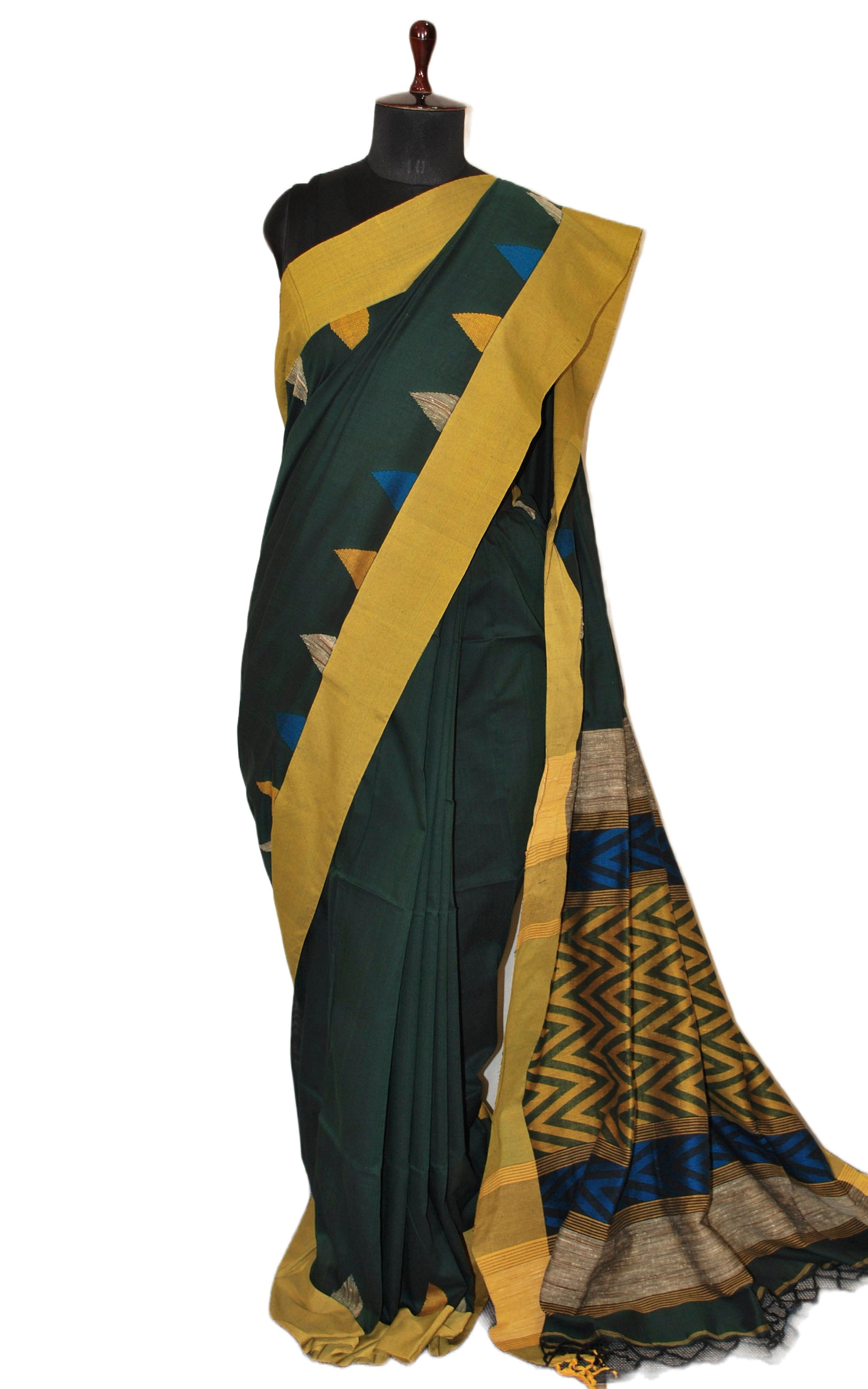 Handwoven Crowned Temple Border Soft Cotton Saree in Hunter Green, Safety Yellow and Blue