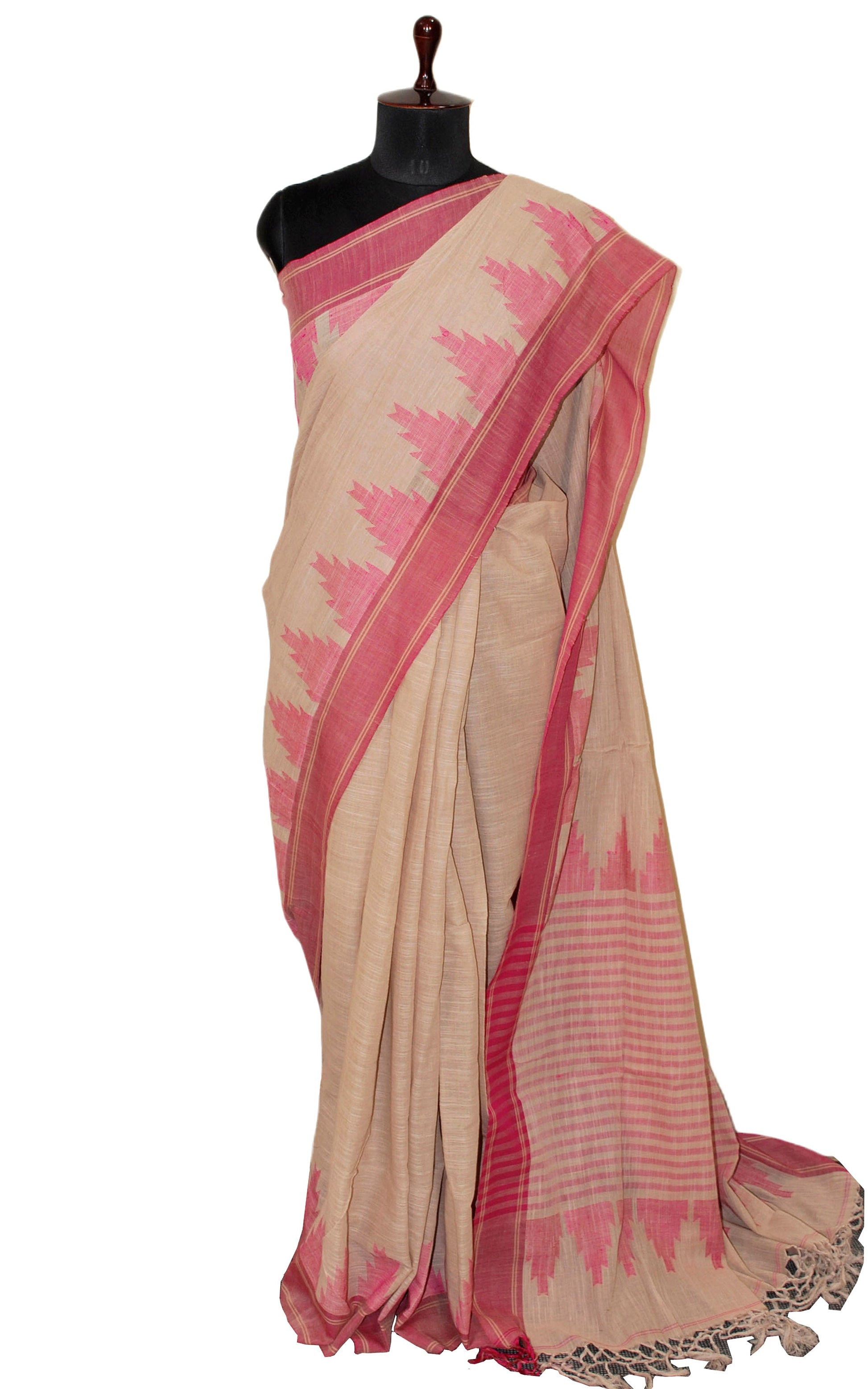 Double Warp Khaddar Cotton Kanjivaram Saree in Biscotti and Fuchsia