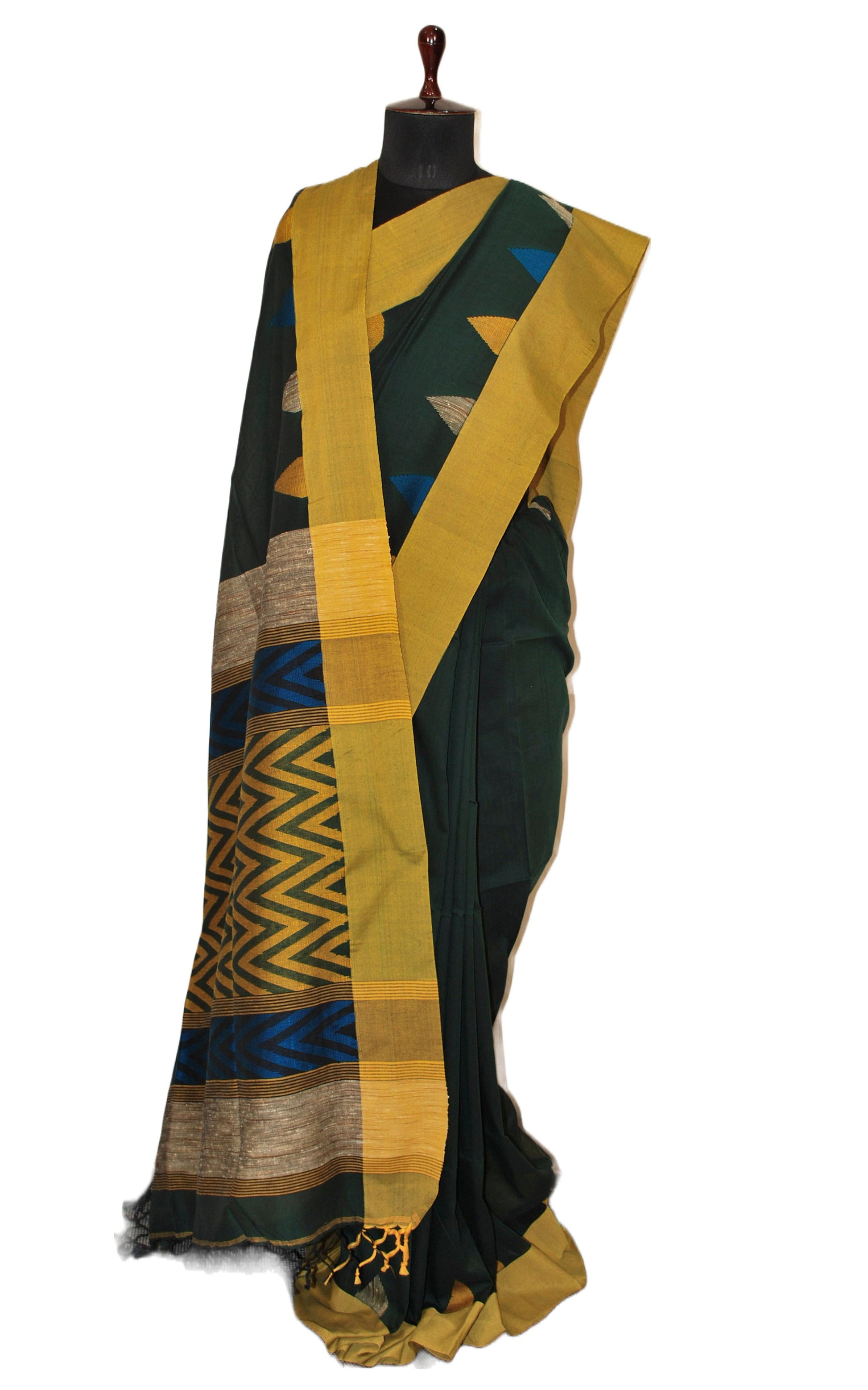 Handwoven Crowned Temple Border Soft Cotton Saree in Hunter Green, Safety Yellow and Blue