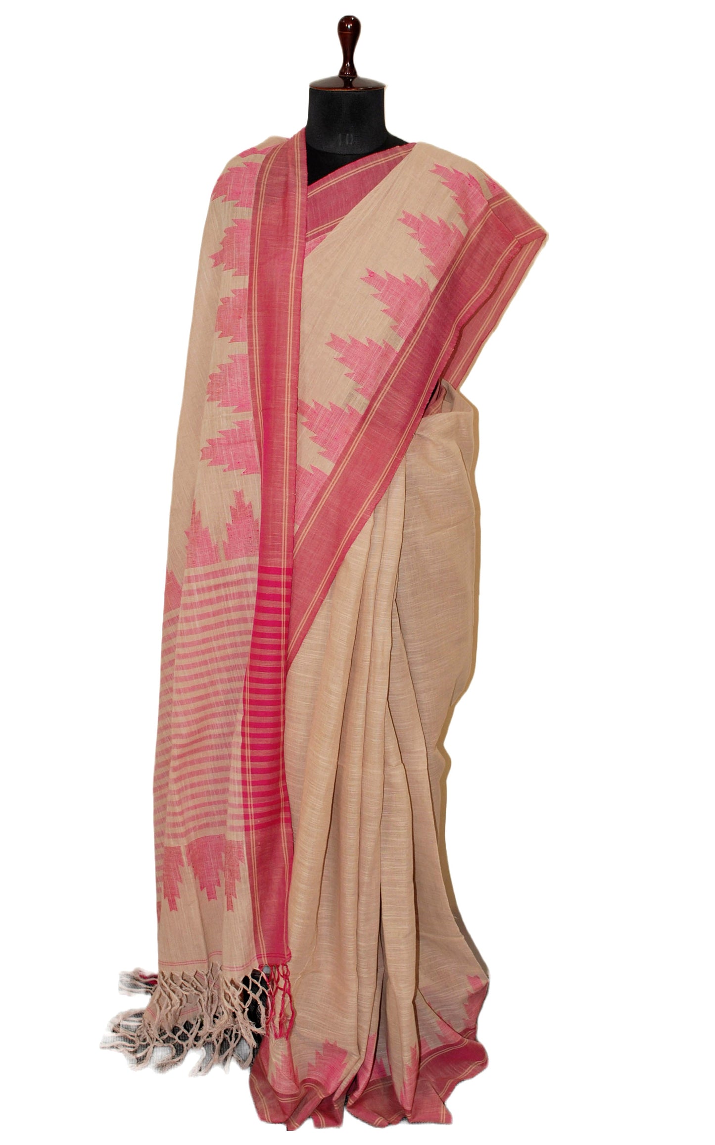 Double Warp Khaddar Cotton Kanjivaram Saree in Biscotti and Fuchsia