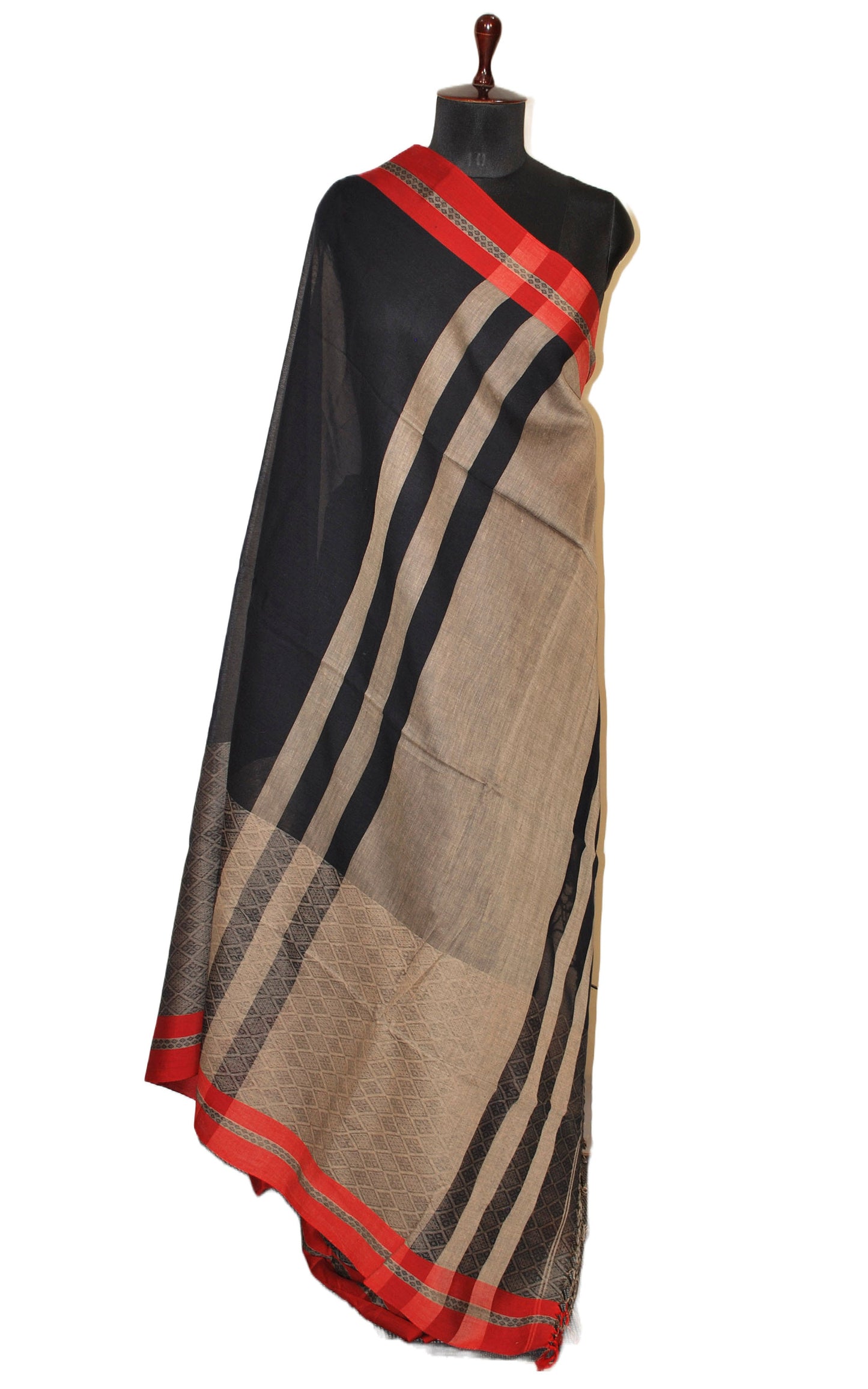 Half Tanchui Thraed Work Pure Soft Cotton Saree in Black, Red and Beige