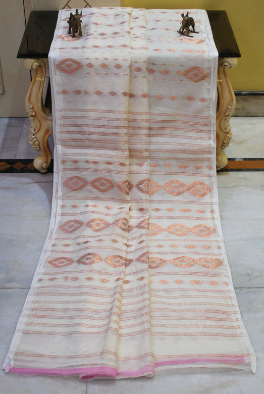 Rhombus Woven Nakshi Work Soft Jamdani Saree in Off White and Copper