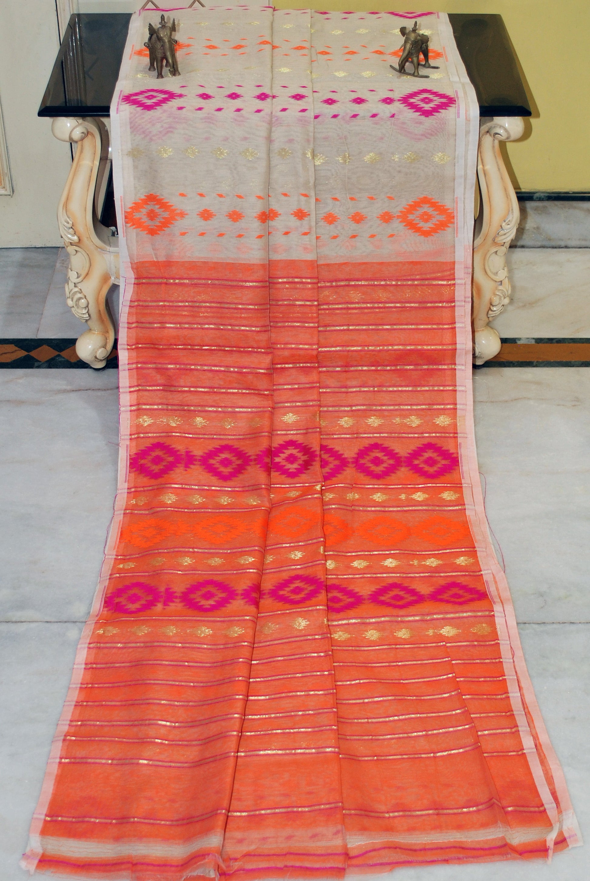 Rhombus Woven Nakshi Work Soft Jamdani Saree in Beige, Orange and Matt Gold