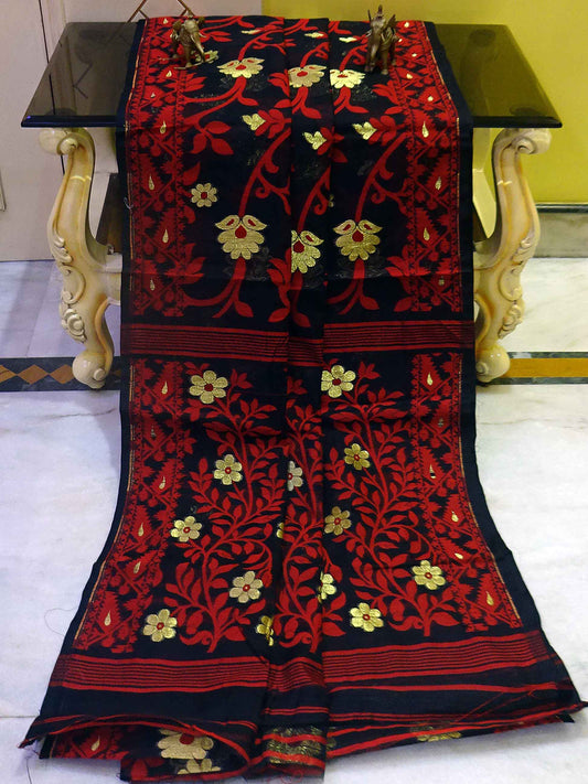 Handwoven Muslin Jamdani Saree in Black, Red and Golden Zari Work