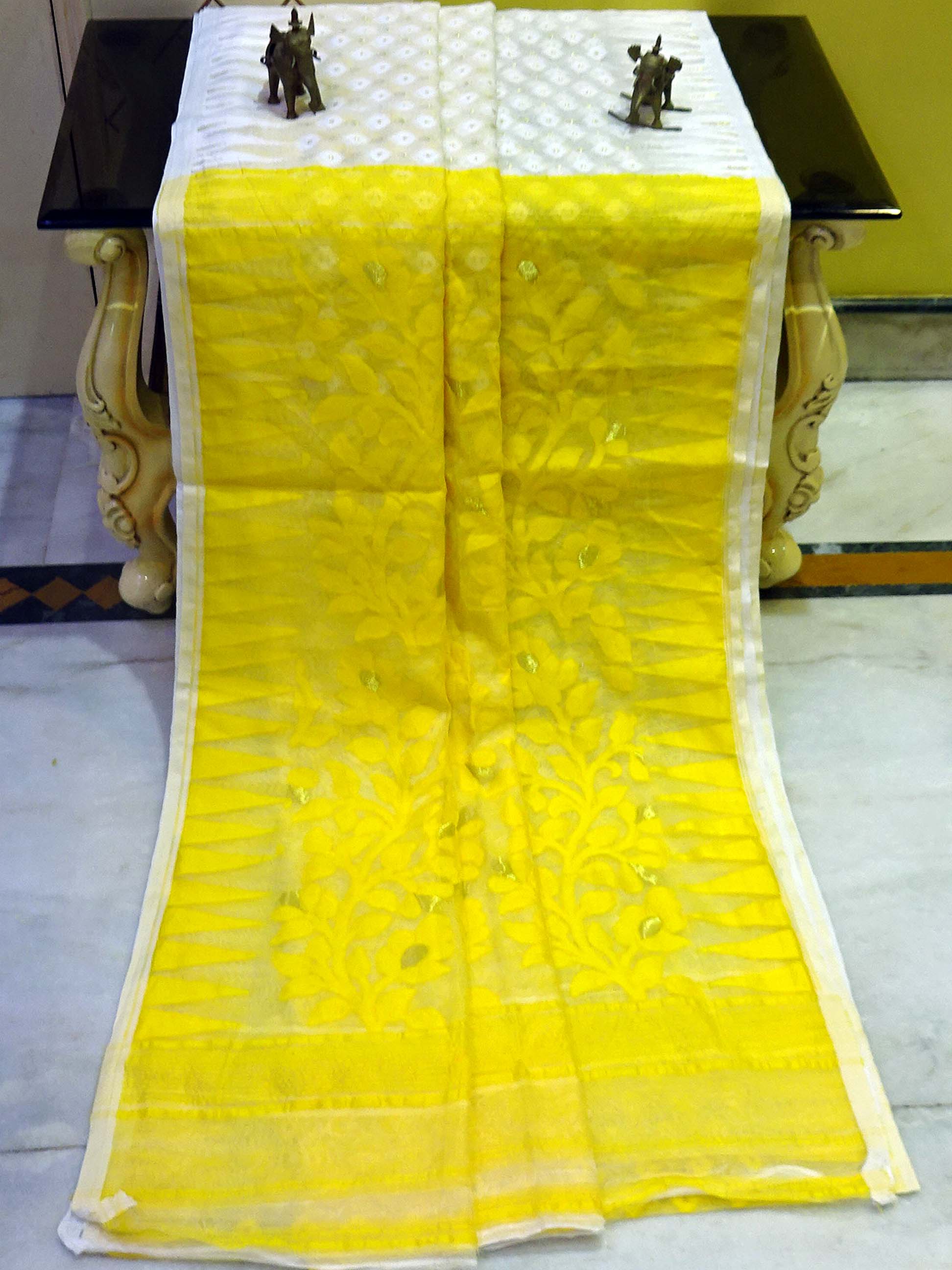 Soft Patli Pallu Work Jamdani Saree in Off White, Bright Yellow and Gold Zari Work