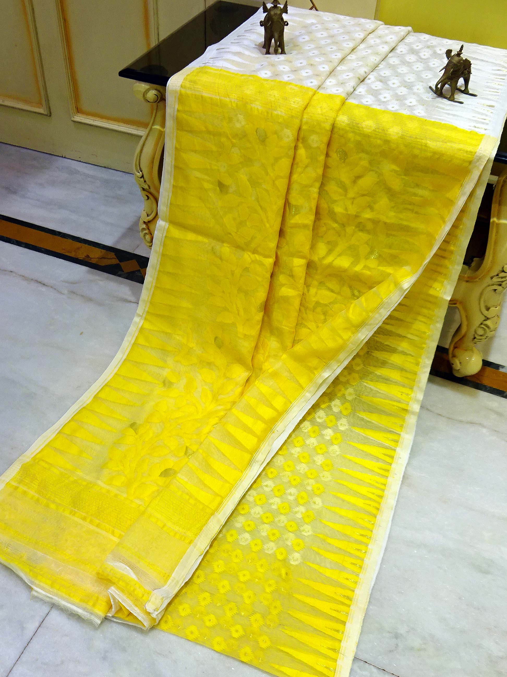 Soft Patli Pallu Work Jamdani Saree in Off White, Bright Yellow and Gold Zari Work