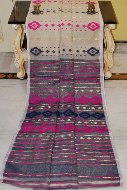 Rhombus Woven Nakshi Work Soft Jamdani Saree in Beige, Midnight Blue and Matt Gold