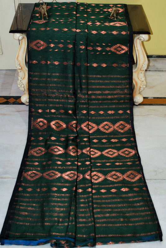 Rhombus Woven Nakshi Work Soft Jamdani Saree in Dark Green and Copper