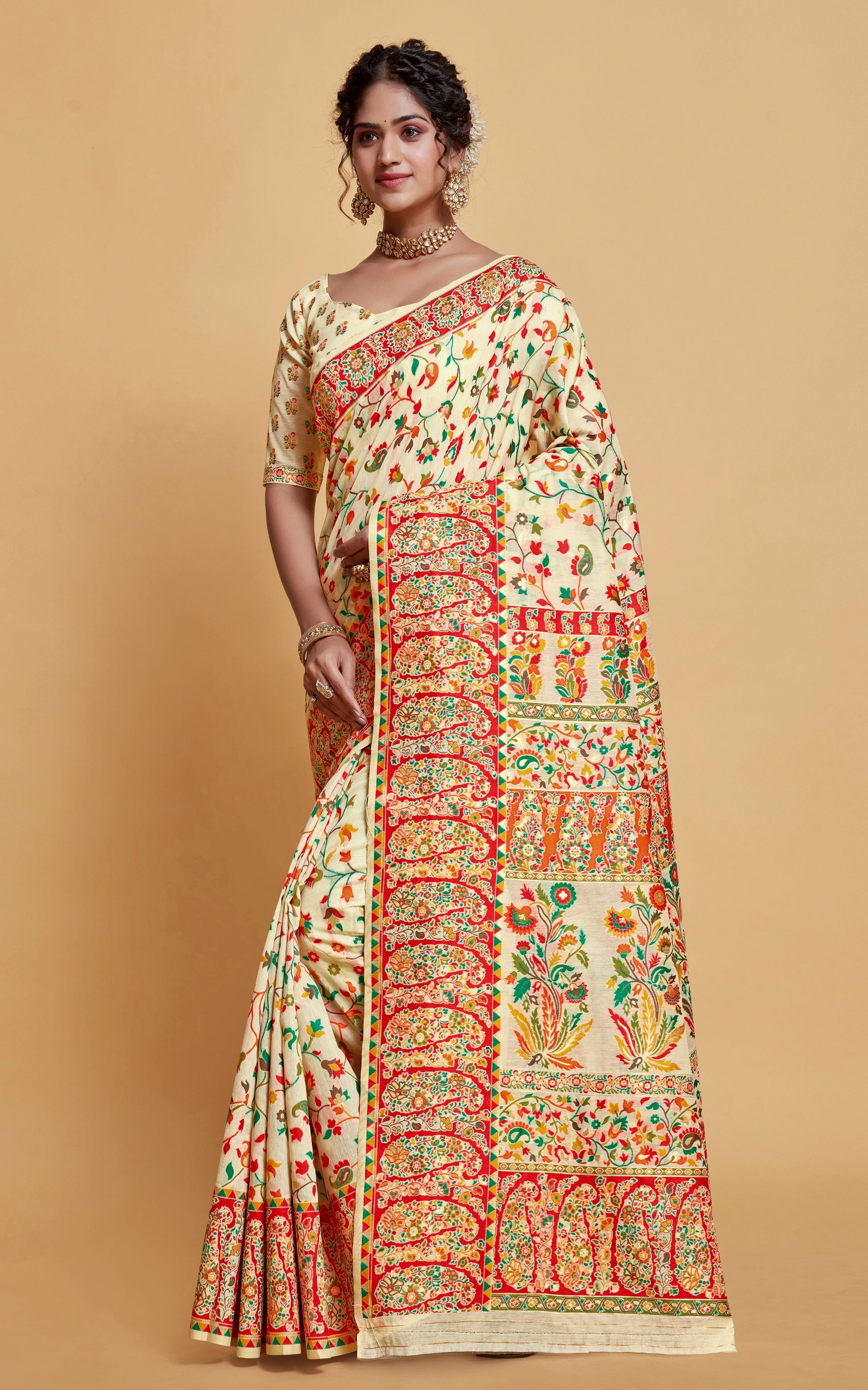 Kashmiri Handloom Modal Silk Woven Kani Saree In Pastel Cream, Red and Multicolored