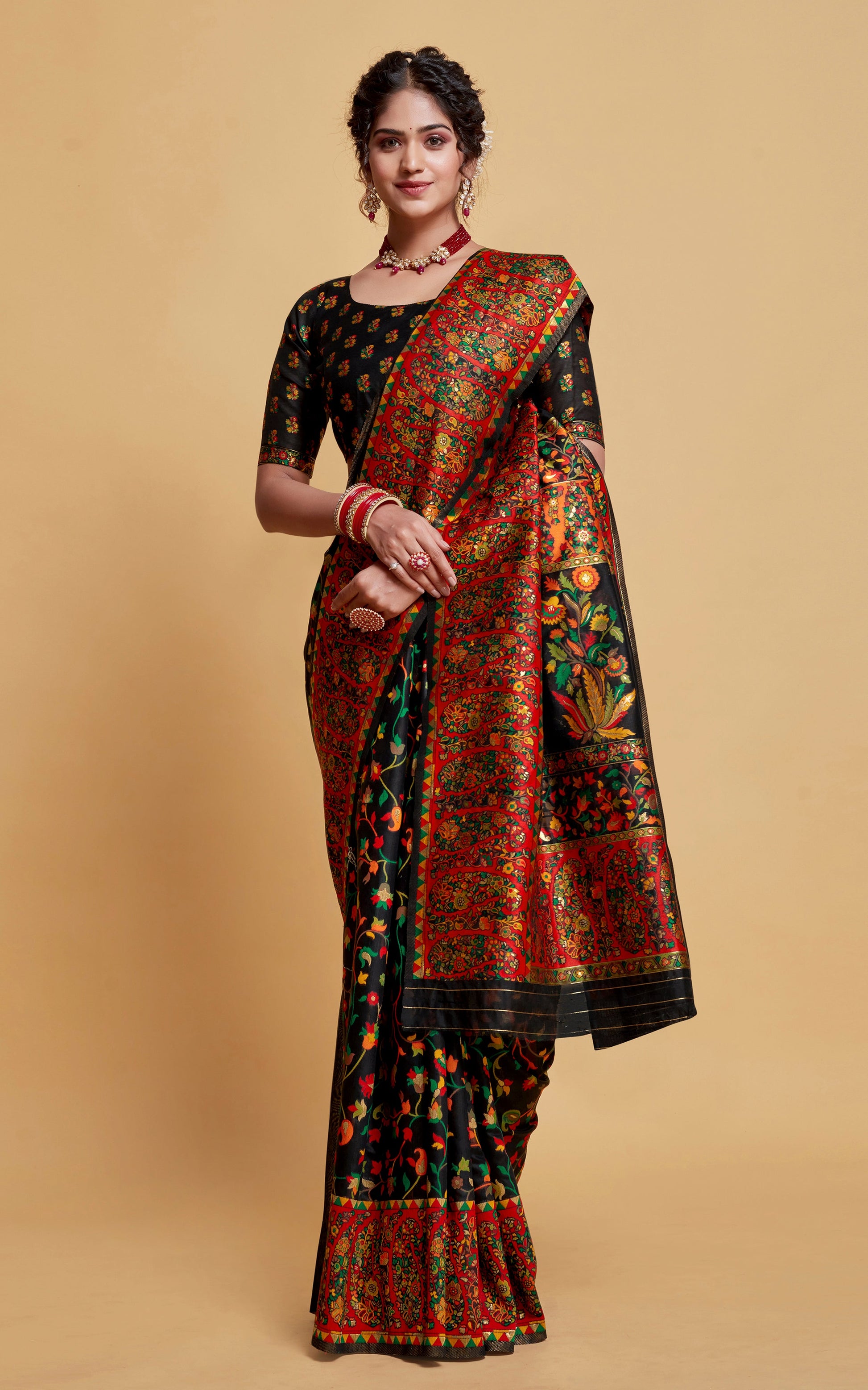 Kashmiri Handloom Modal Silk Woven Kani Saree In Black, Red and Multicolored