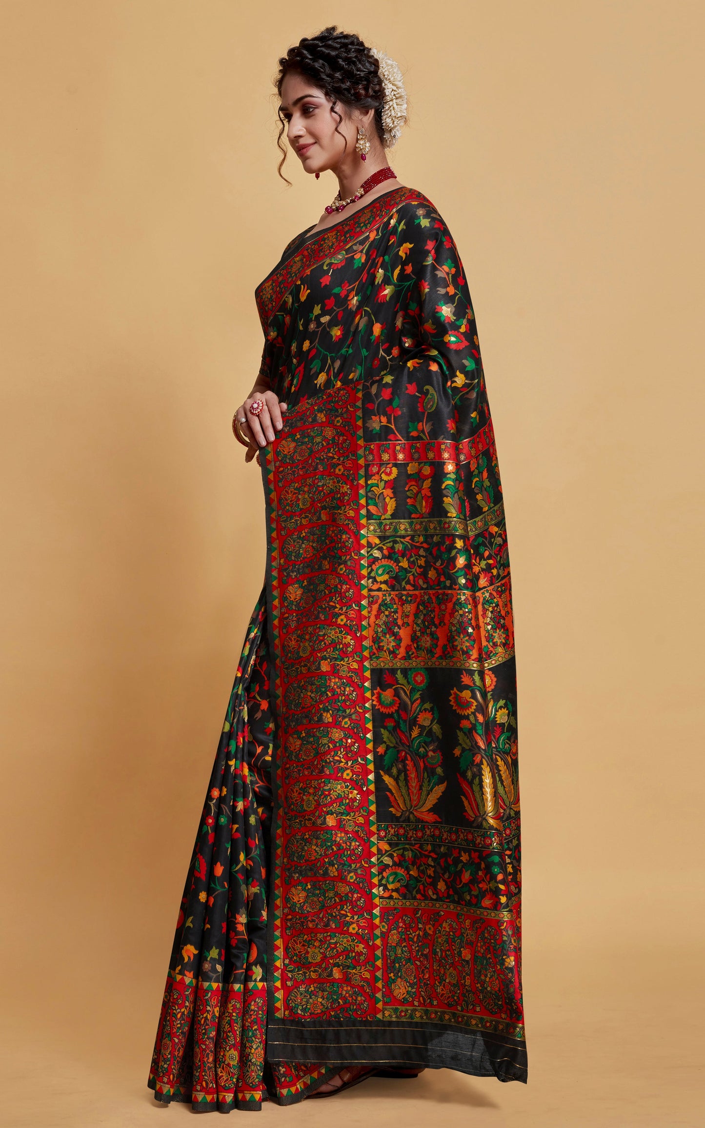 Kashmiri Handloom Modal Silk Woven Kani Saree In Black, Red and Multicolored