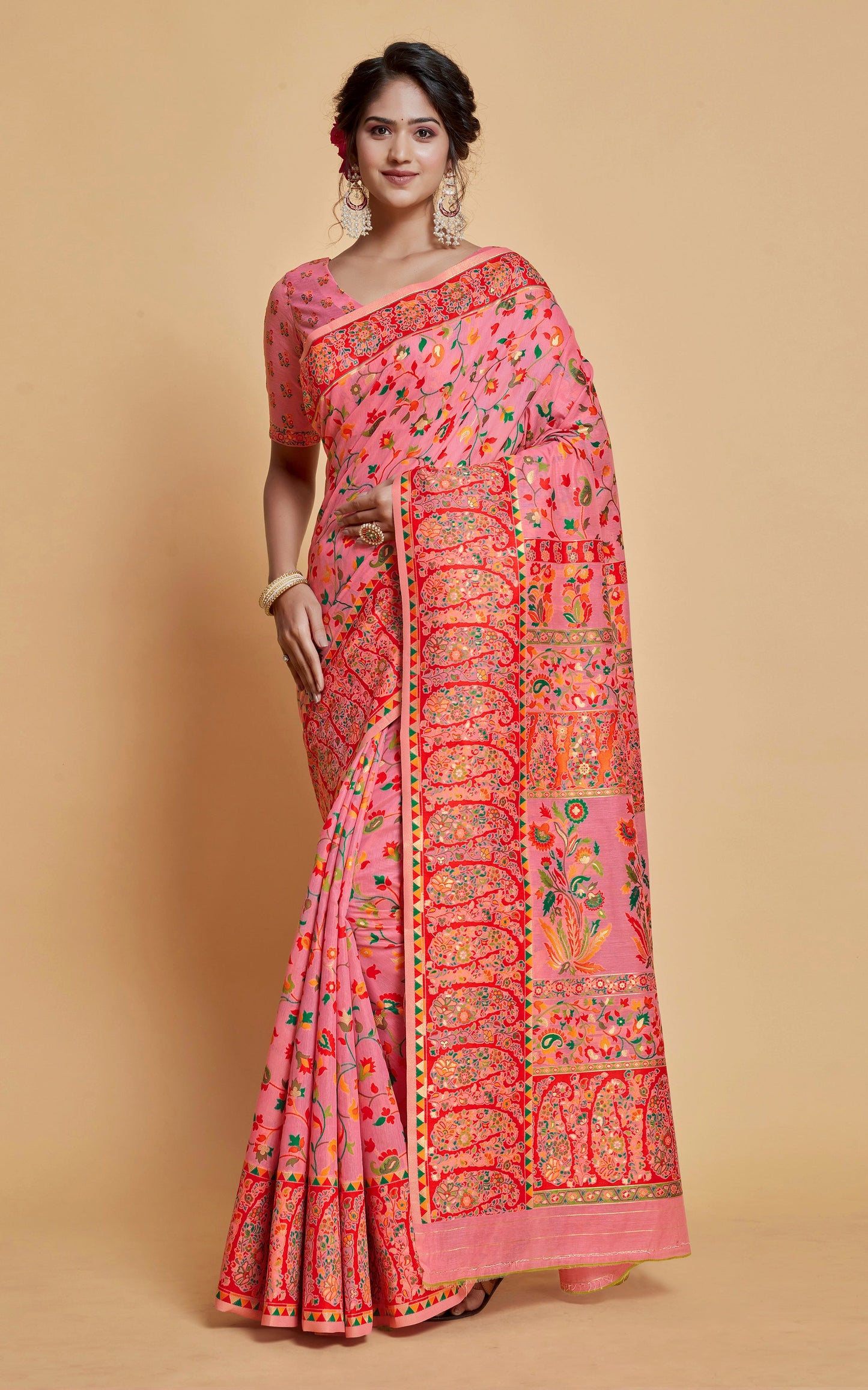 Kashmiri Handloom Modal Silk Woven Kani Saree In Pink, Red and Multicolored