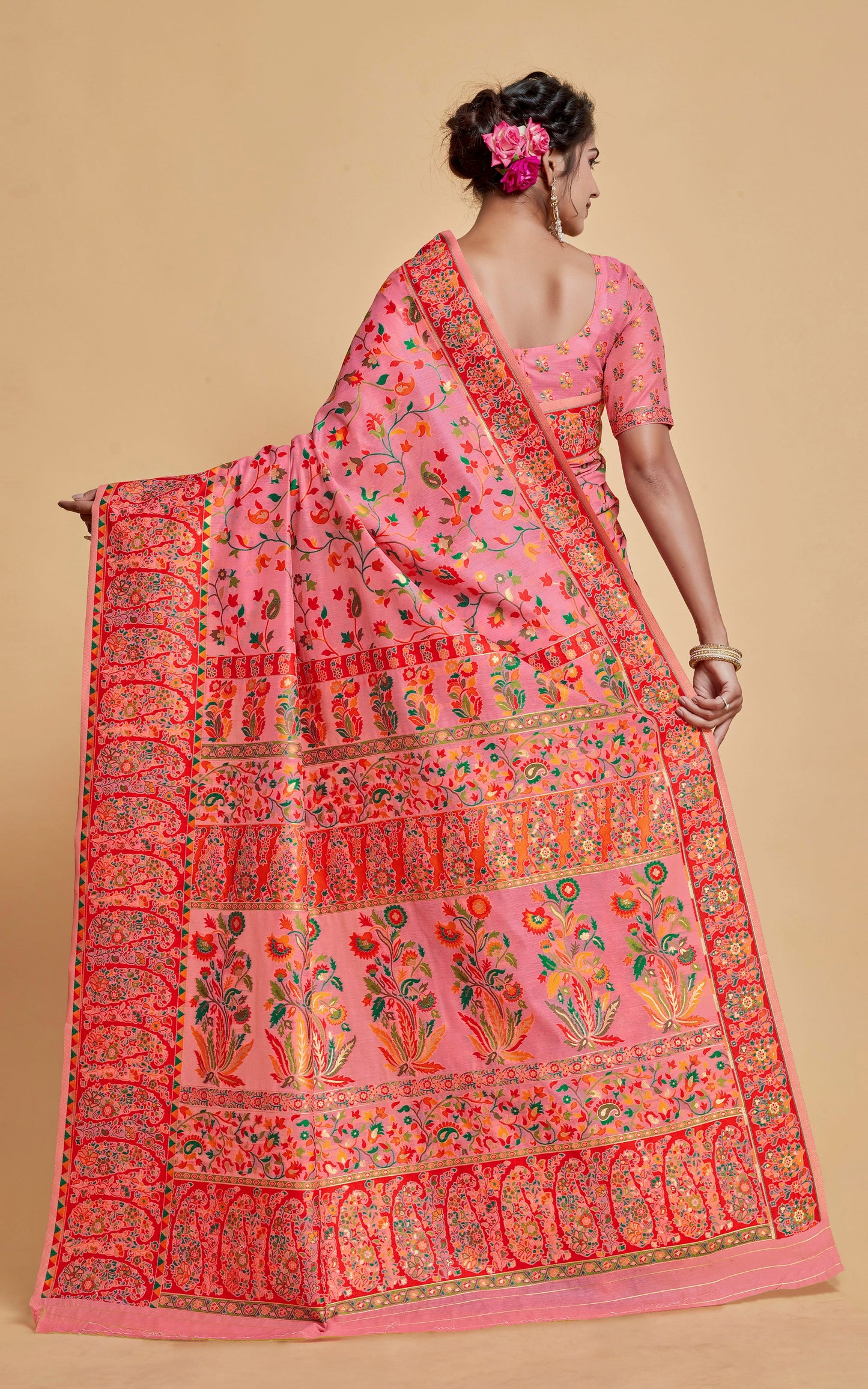 Kashmiri Handloom Modal Silk Woven Kani Saree In Pink, Red and Multicolored