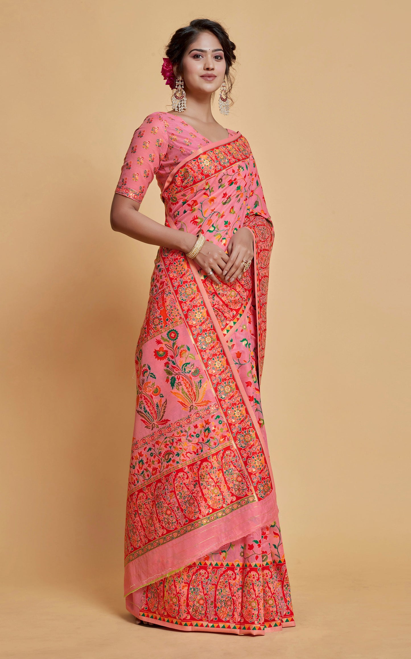 Kashmiri Handloom Modal Silk Woven Kani Saree In Pink, Red and Multicolored