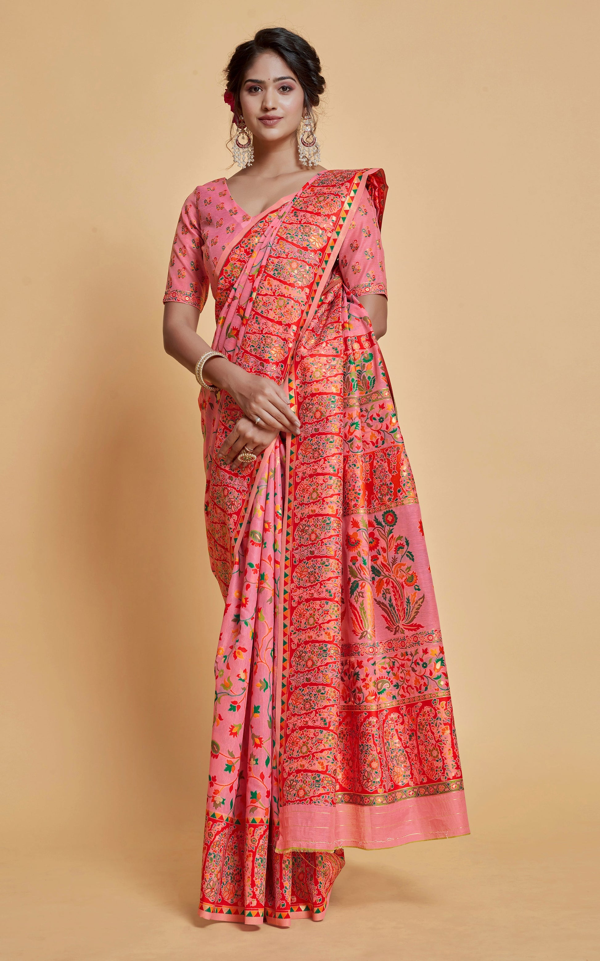 Kashmiri Handloom Modal Silk Woven Kani Saree In Pink, Red and Multicolored