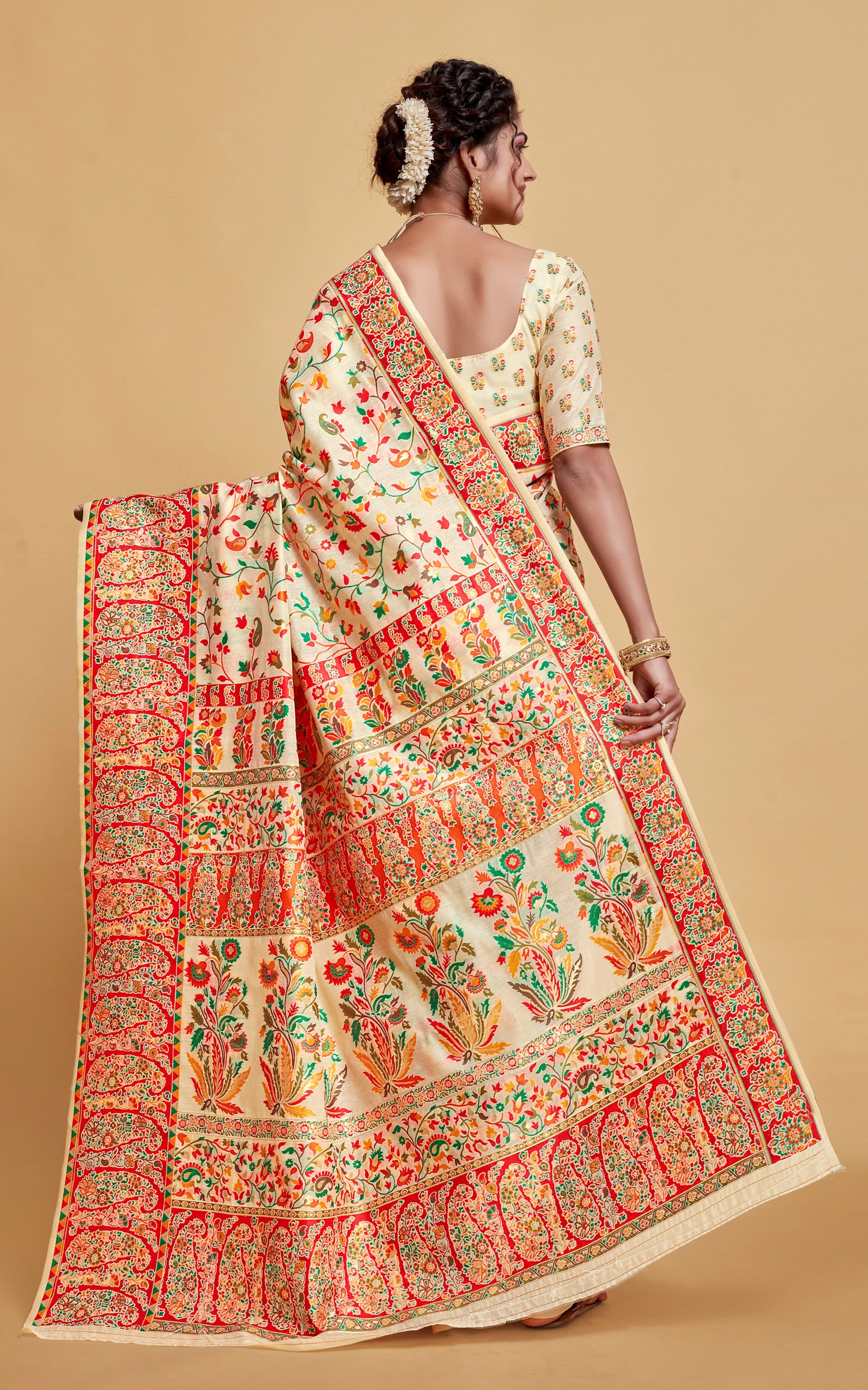 Kashmiri Handloom Modal Silk Woven Kani Saree In Pastel Cream, Red and Multicolored