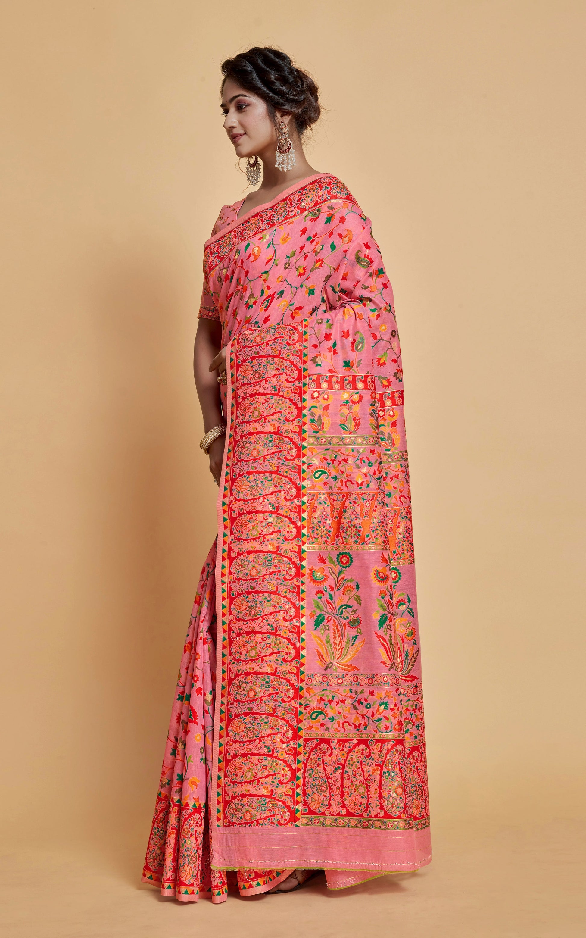 Kashmiri Handloom Modal Silk Woven Kani Saree In Pink, Red and Multicolored