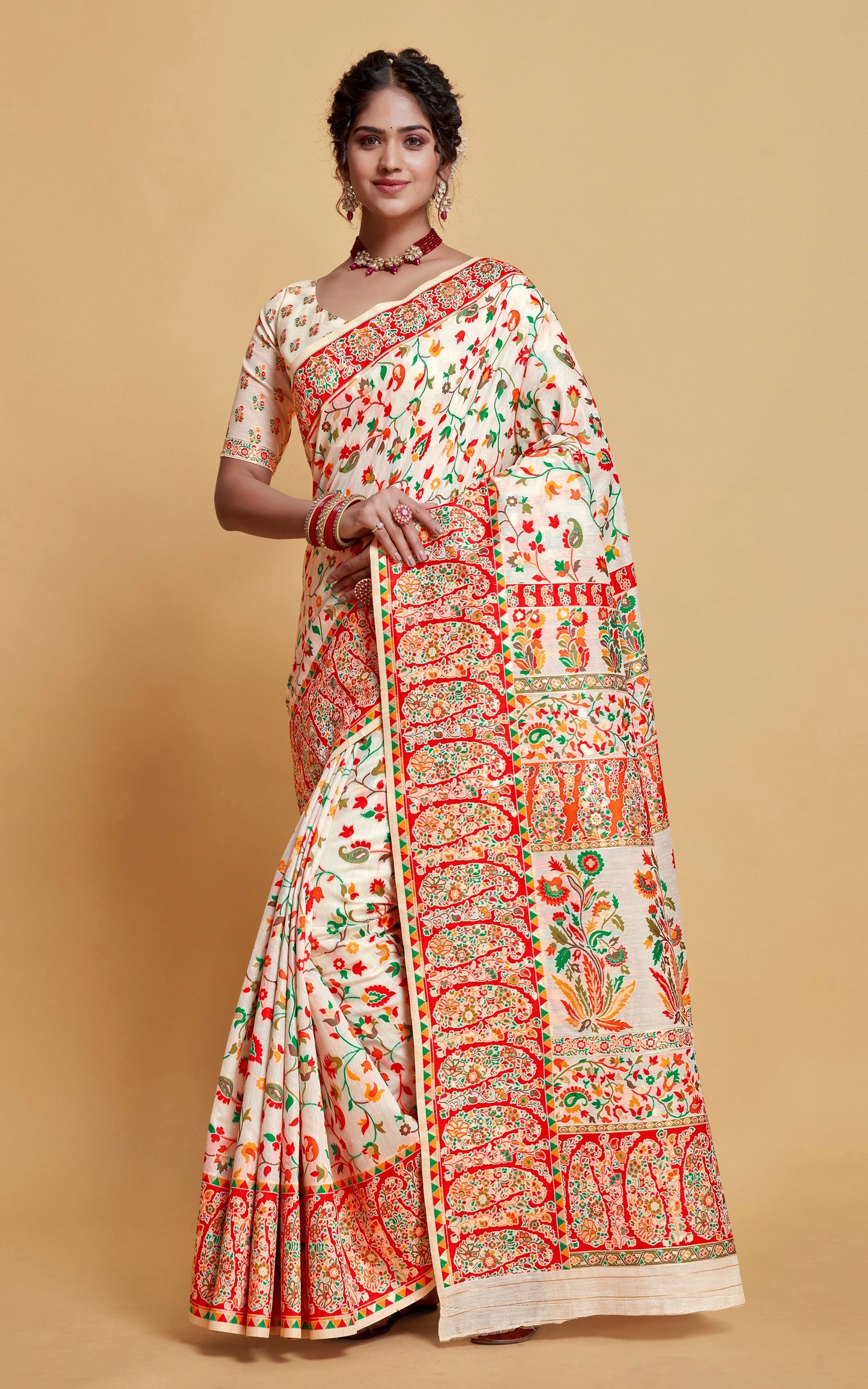 Kashmiri Handloom Modal Silk Woven Kani Saree In White, Red and Multicolored 