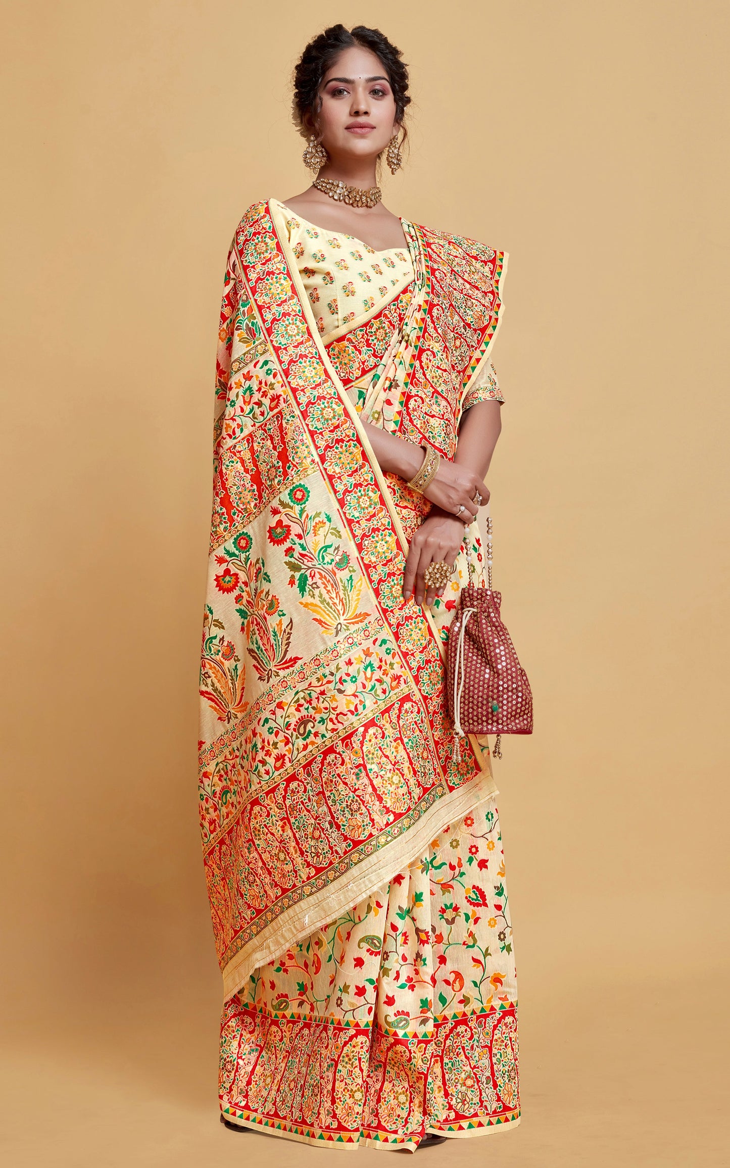 Kashmiri Handloom Modal Silk Woven Kani Saree In Pastel Cream, Red and Multicolored