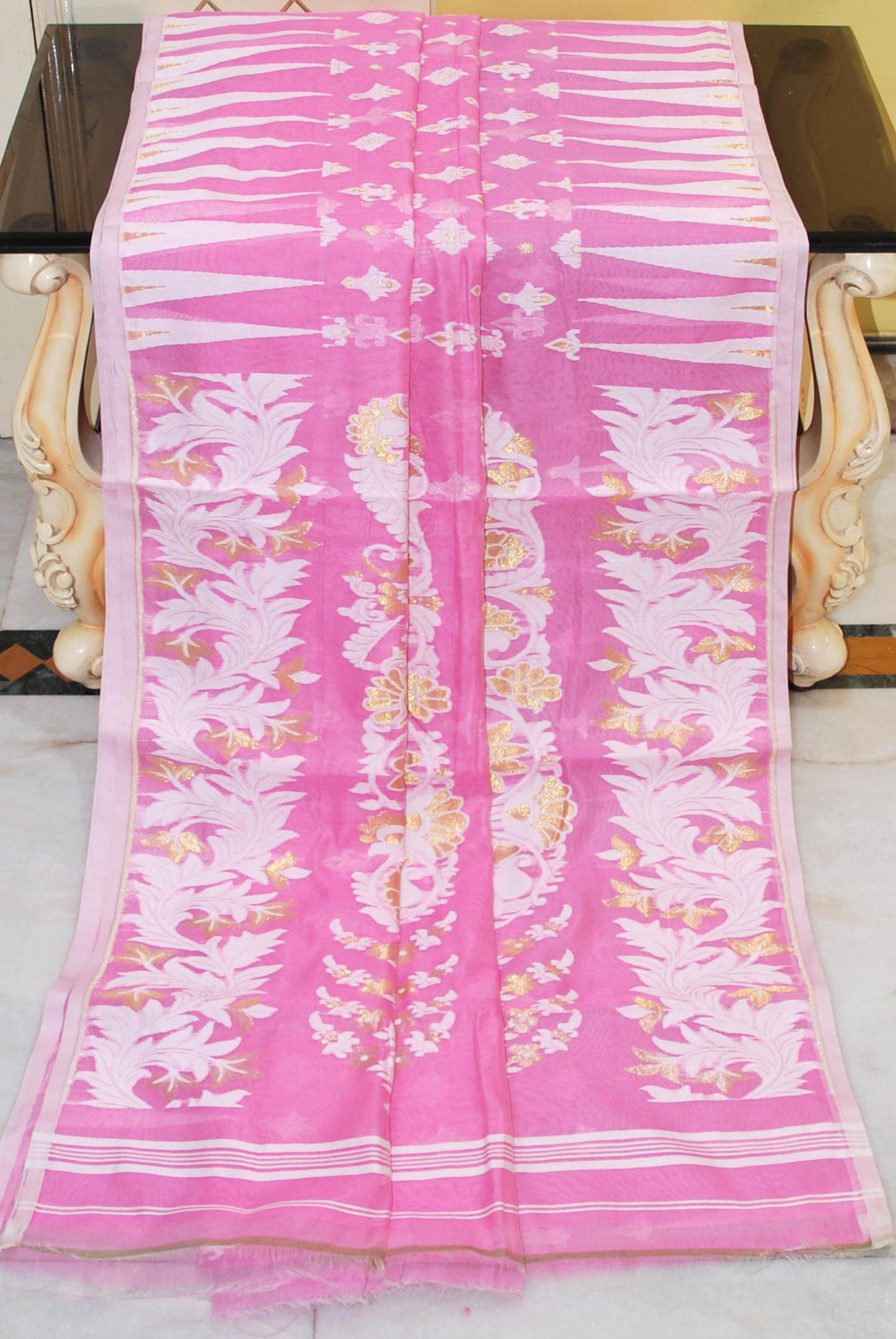 Temple Border Cotton Muslin Soft Jamdani Saree in Pink, Off White and Gold