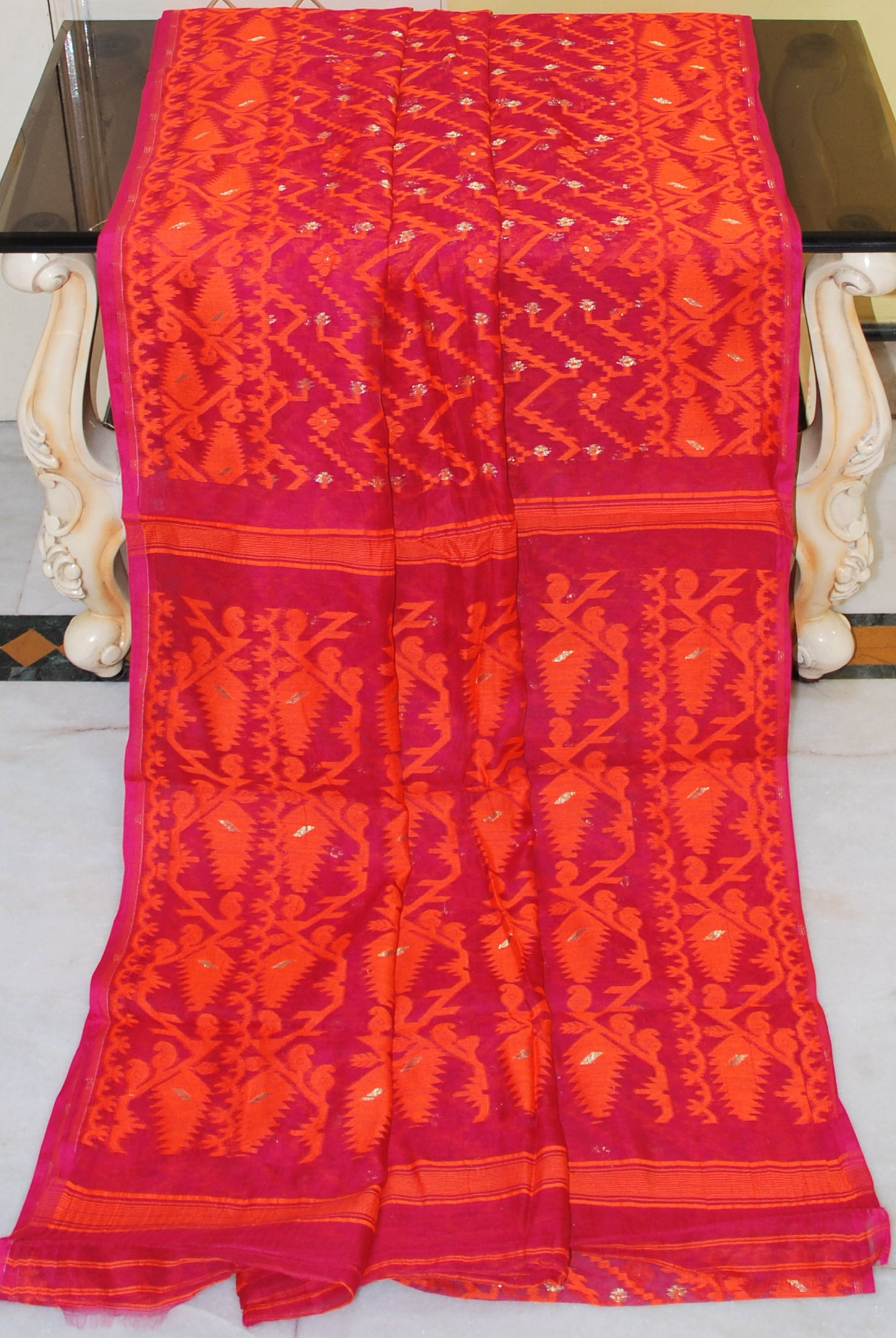 Traditional Cotton Muslin Soft Jamdani Saree in Cerise Pink, Orange and Gold