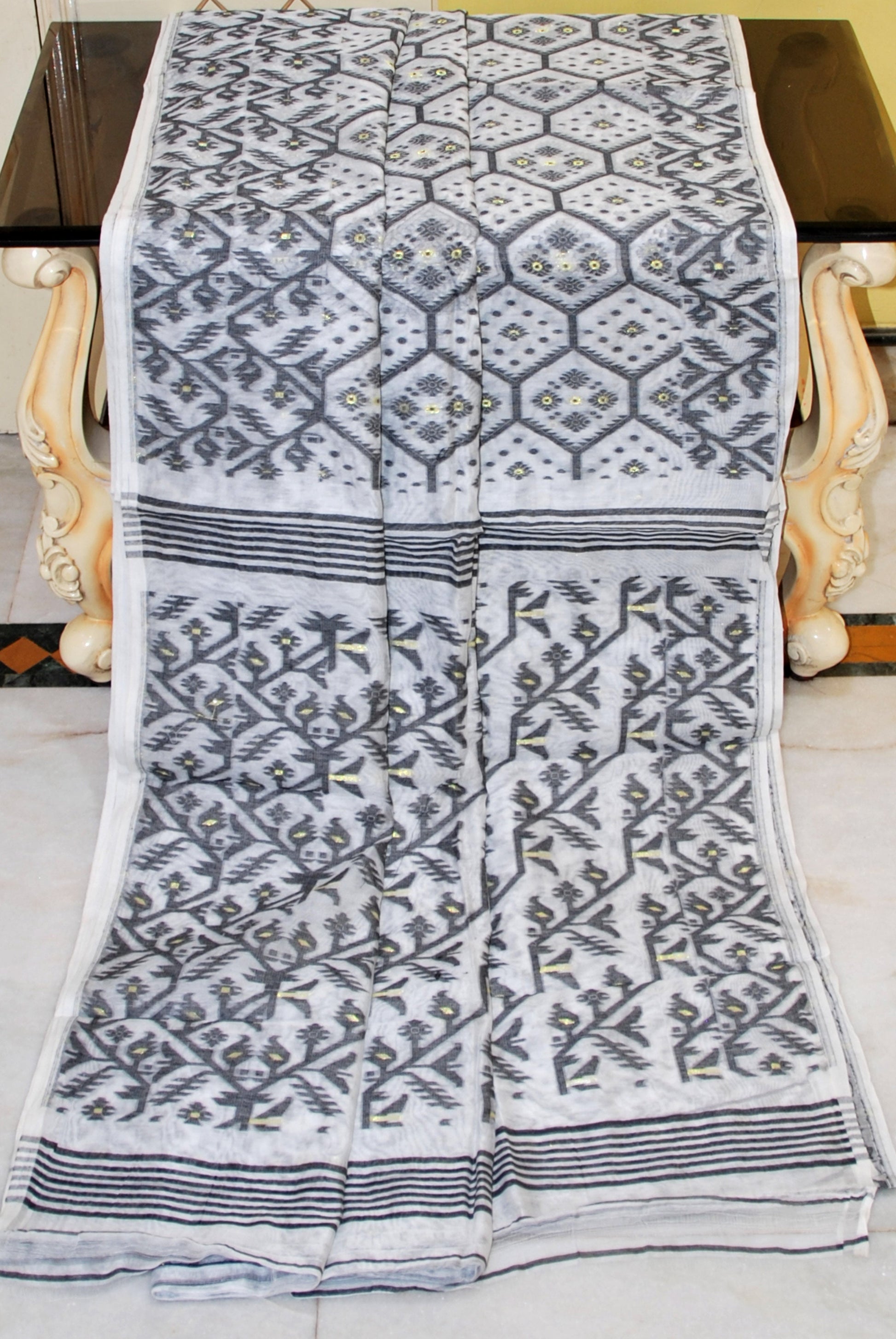 Traditional Cotton Muslin Soft Jamdani Saree in Off White, Black and Gold