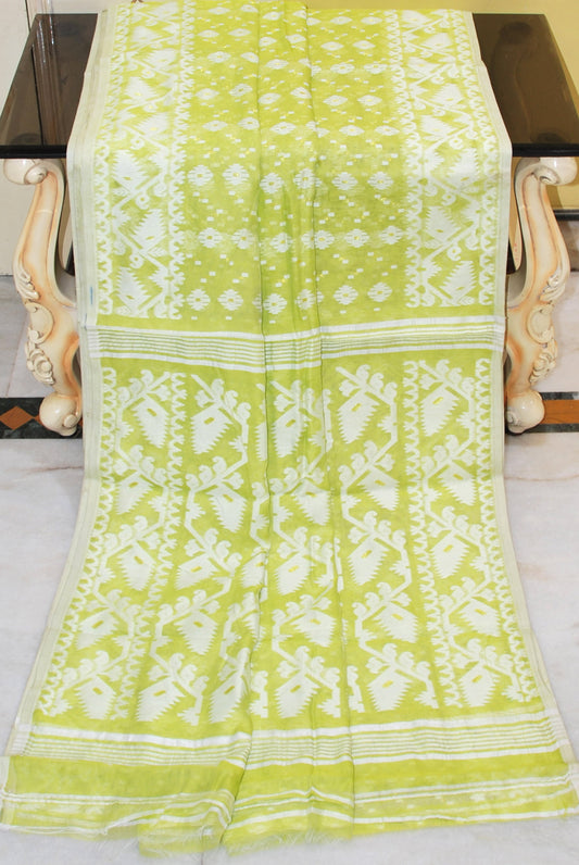 Traditional Cotton Muslin Soft Jamdani Saree in Lime Green, Off White and Gold