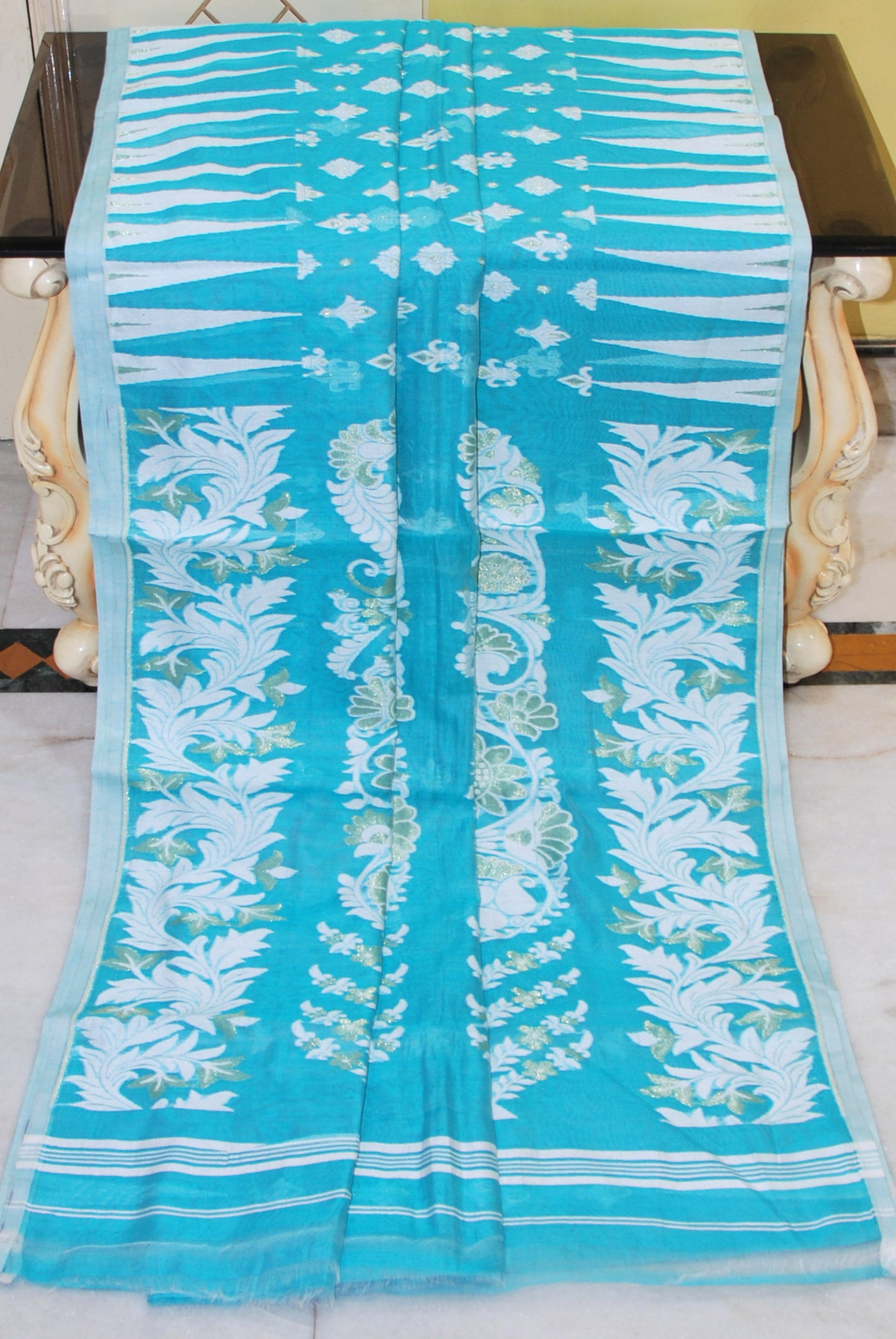 Temple Border Cotton Muslin Soft Jamdani Saree in Sky Blue, Off White and Gold