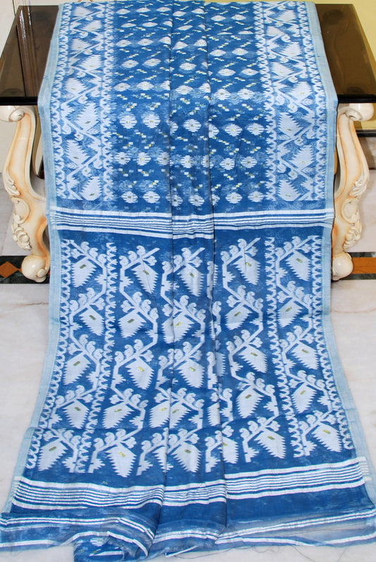 Traditional Cotton Muslin Soft Jamdani Saree in Cerulean Blue, Off White and Gold