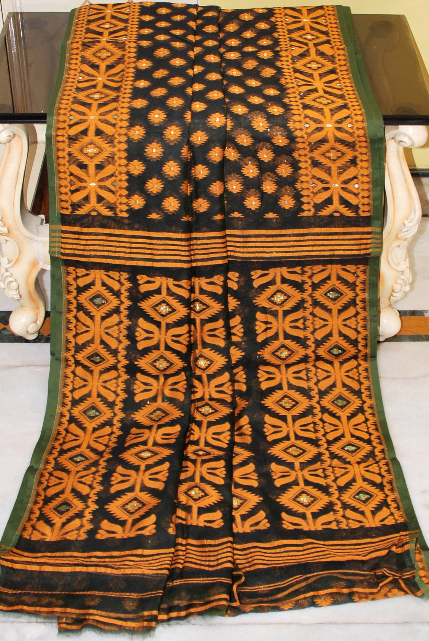 Traditional Cotton Muslin Soft Jamdani Saree in Black, Ochre Yellow, Dark Green and Gold