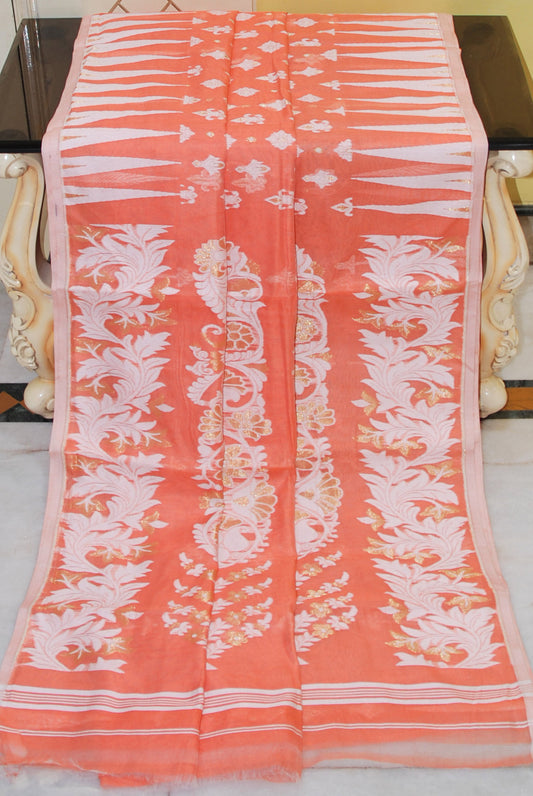 Temple Border Cotton Muslin Soft Jamdani Saree in Soap Orange, Off White and Gold