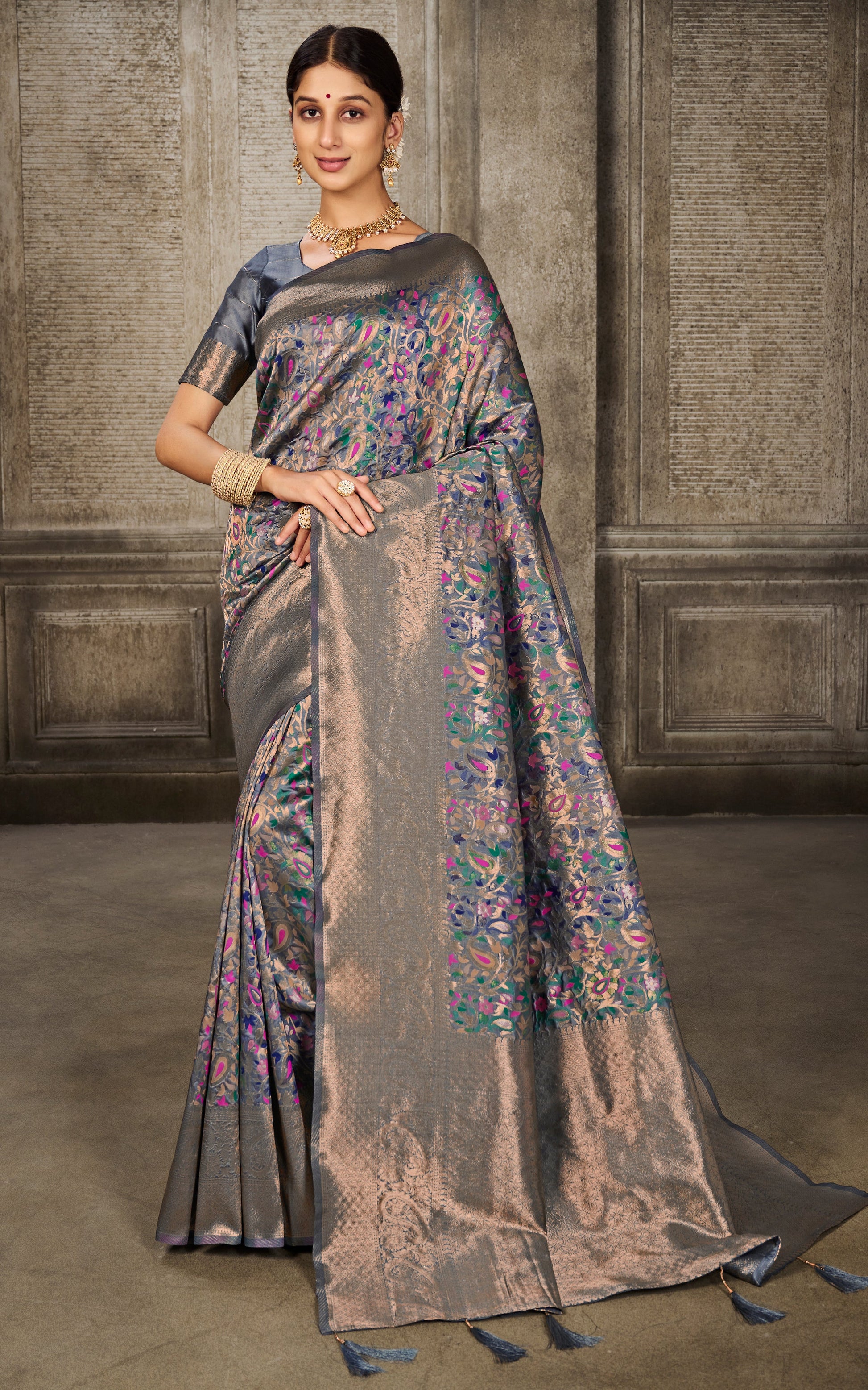 Woven Pashmina Silk Saree In Dark Grey with Antique Gold and Multicolored Minakari Thread Work