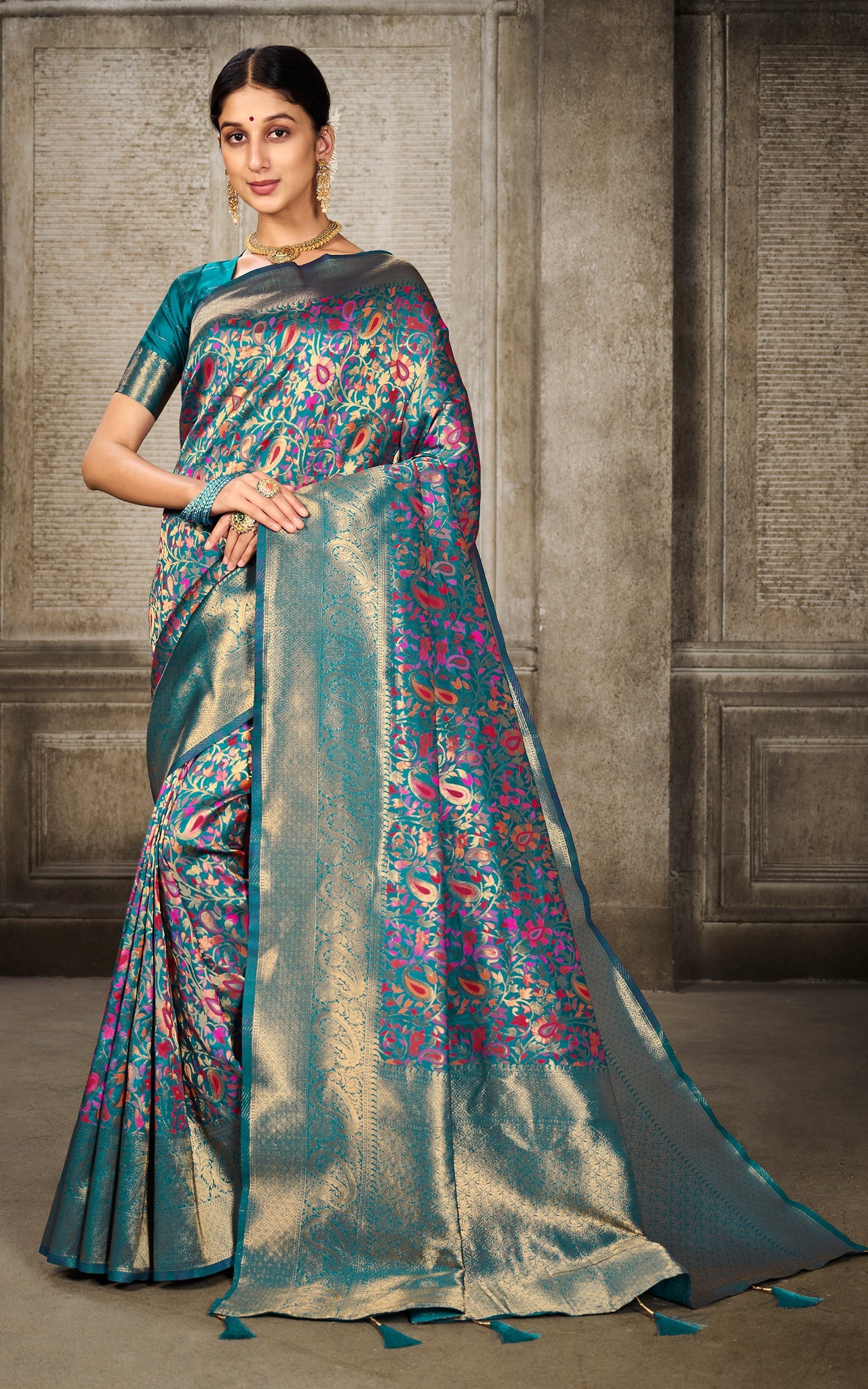 Woven Pashmina Silk Saree In Turquoise with Antique Gold and Multicolored Minakari Thread Work